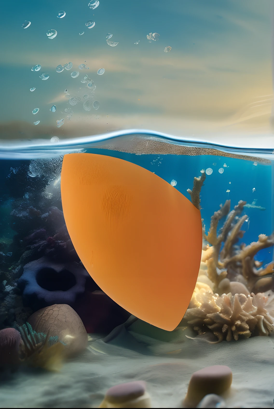 An orange makeup sponge,In the underwater scene,rays of sunshine,natural lightting,Quiet blue,fotografia do produto,commerciaphotography,Realistic and realistic,32K quality,telephoto lenses,Sony lens