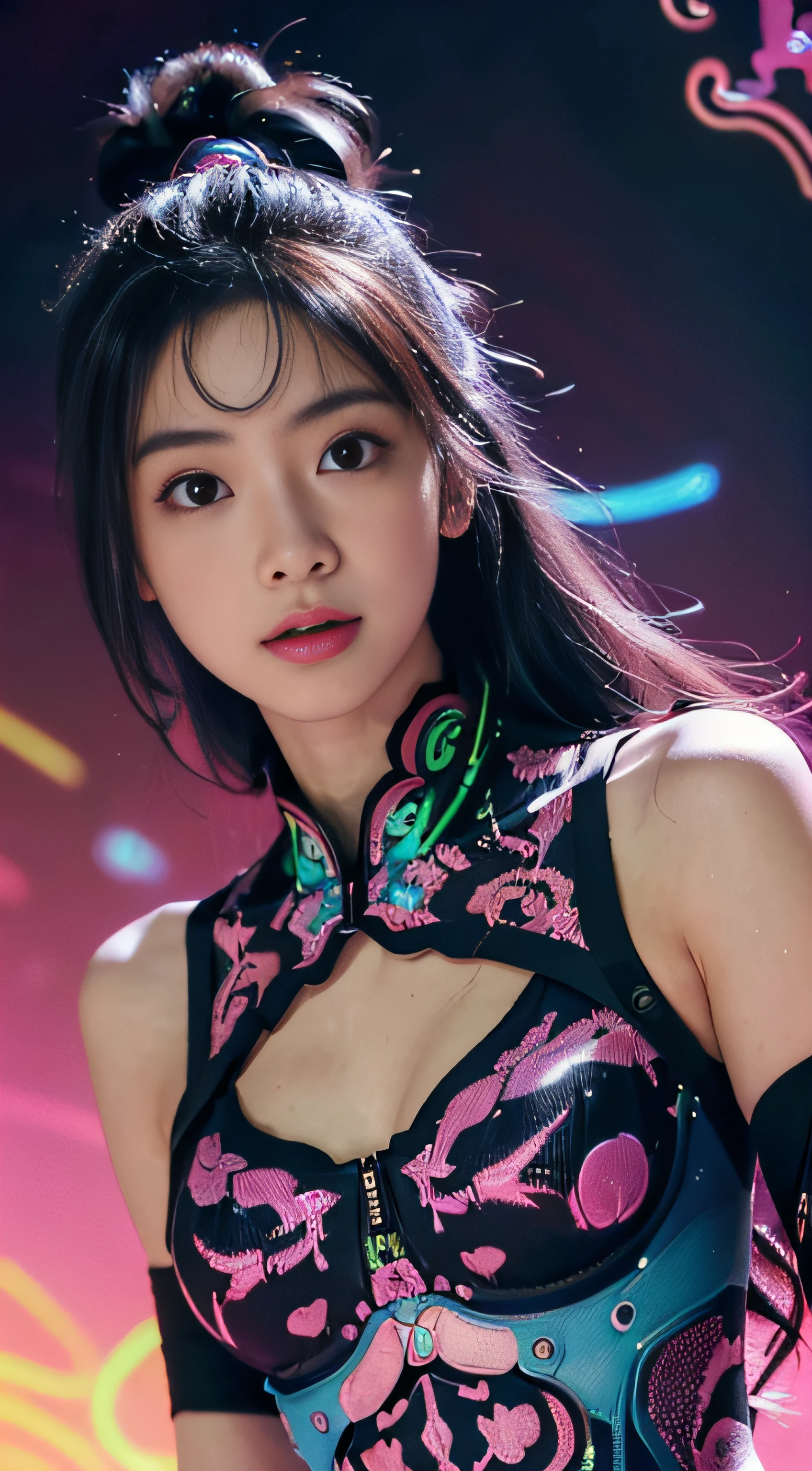 (masutepiece, of the highest quality, Best Quality, offcial art, Beautiful and aesthetic:1.2), (1girll:1.3), Extremely detailed,(Fractal Art:1.2),Colorful,highest details,( Zen Neon:1.2), (Dynamic Pose), (Abstract background neon lights:1.5), (Trident Dresses:1.2), (Shiny skin), (many colors:1.4), Upper body ,neon light,16 K,Full-HD