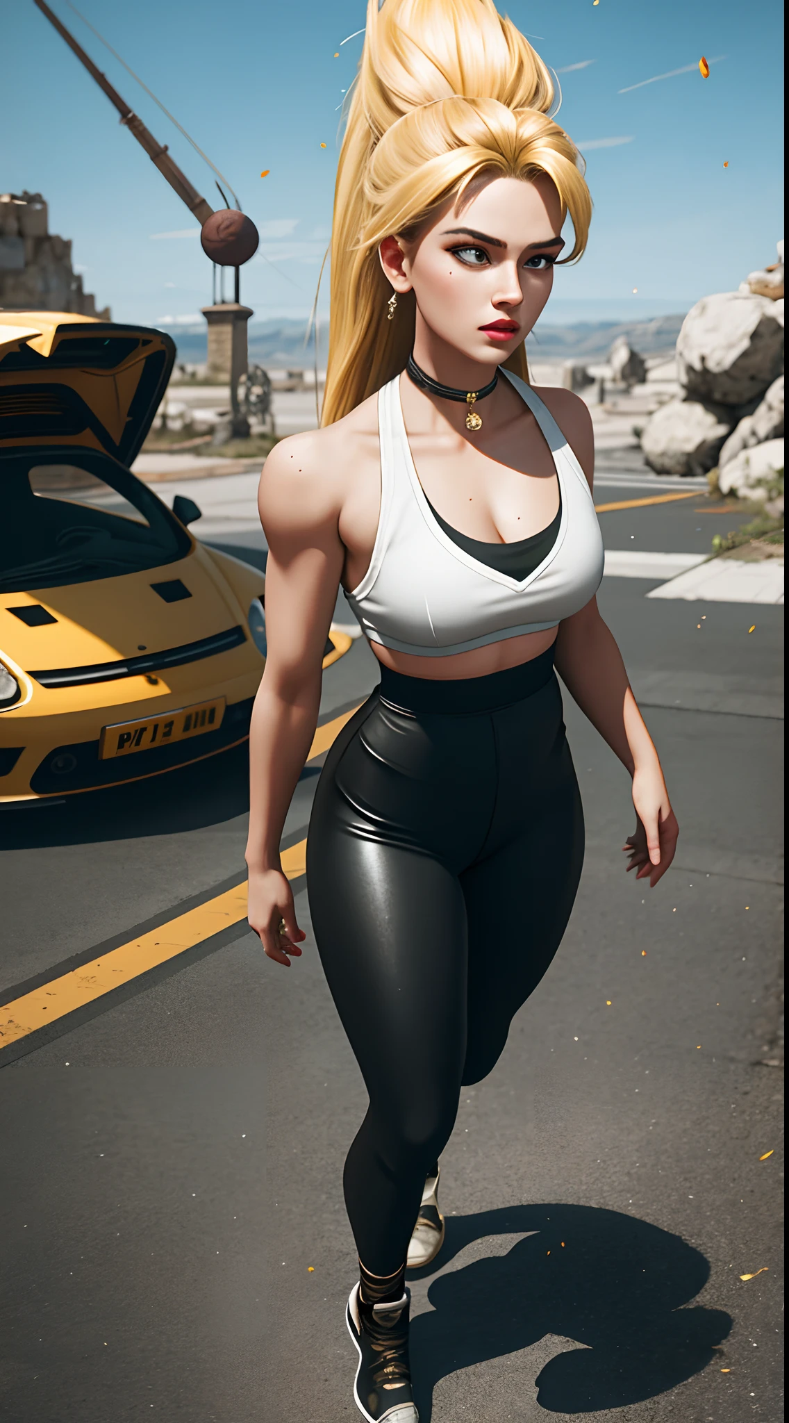 (realistic:1.2), (realism), (masterpiece:1.2), (best quality), (ultra detailed), (8k, 4k, intricate),(full-body-shot:1), (85mm),light particles, lighting, (highly detailed:1.2),(detailed face:1.2), gorgeous goddess, make up, perfect face, perfect lighting, 1girl, super saiyan, petite, blonde hair, (super saiyan), spiked hair, (long hair), energy ball in right hand, death stare, serious look, halter top, skirt, leggings, petite, fist, medium breast, (glistening skin), shiny skin, sweaty, wind blowing upwards, yellow power aura, green pupils, rubble ground background, broken ground, (exquisitely detailed skin:1.3), cinematic light, rim lighting, ultra high res, best shadow, delicate, octane, unreal engine,
