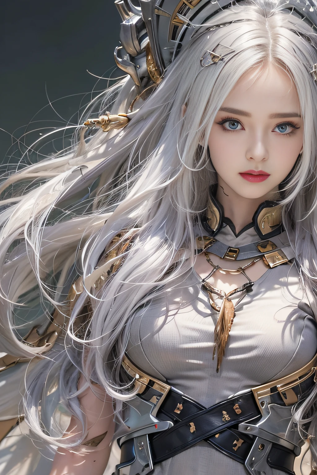 Photorealistic, high resolution, 1womanl, Solo, Hips up, view the viewer, (Detailed face), White hair, Long hair, army suit, jewelry