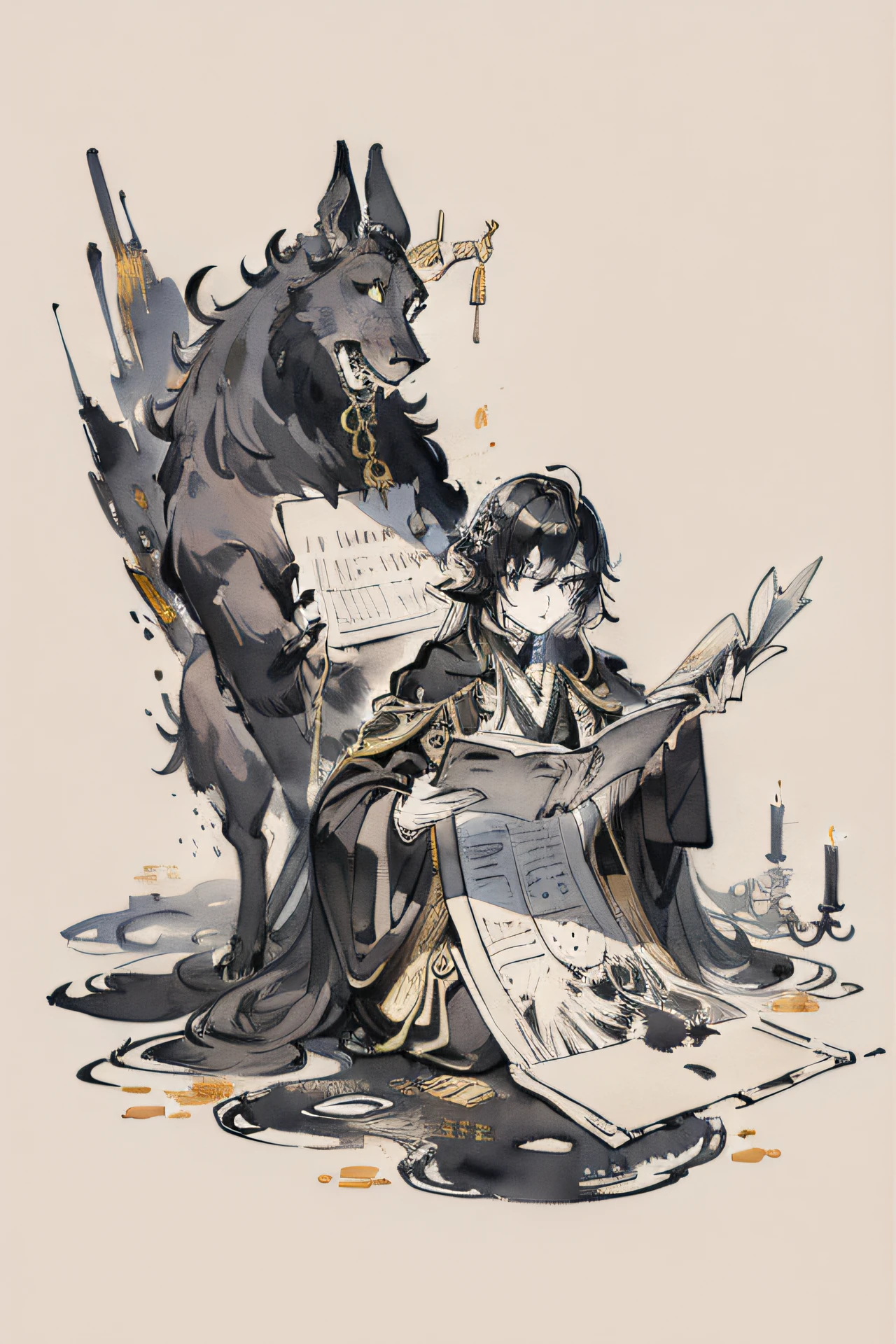 beastly,Gold list title,Read,ink and watercolor painting,Black and white colors