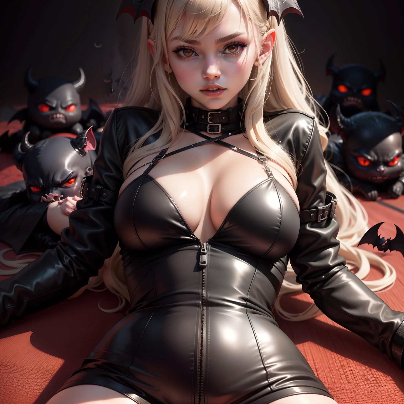 Demon Maiden，Bumpy figure，Wearing a black tight leather jacket，Lie on your stomach on the red carpet，Surrounded by several cute bats