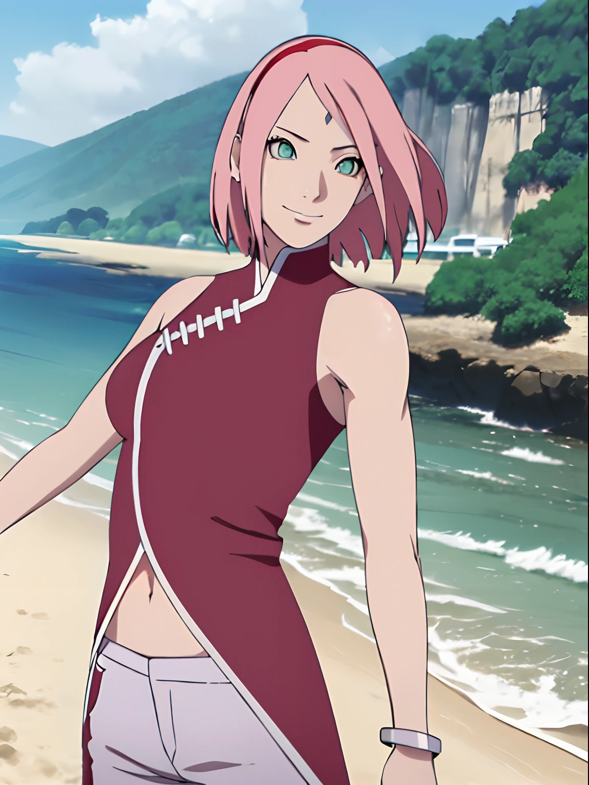 masterpiece, 1k, portrait, face shot, professional artwork, detailed beach background, intricate details, colorful, digital blending, (ultra detailed body, ultra detail hair, ultra detail face), trending on pixiv, kind smile, very hot color, best quality, anime style: 1.9, 1girl, hires, haruno sakura, (forehead mark, milf, red hairband, pale skin, short hair, ((red sleeveless dress), white pants), navel, groin, bracelet, pink hair, (ultra detailed green eyes), smile, beach, wind, floating hair, detailed arms, off-shoulders, slightly muscular arms, (dirty armpits), standing)