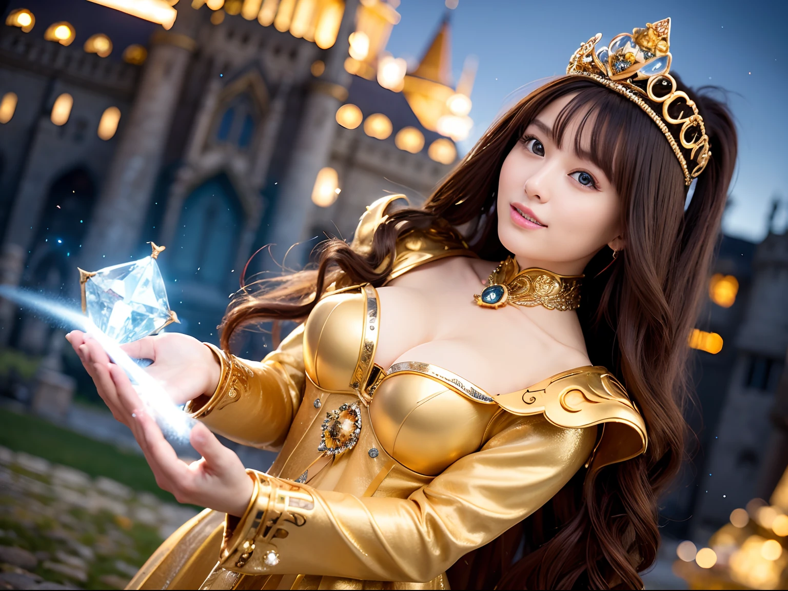 Professional , masterpiece、top-quality、photos realistic , depth of fields (Gemstone Silver Metal Body:1.4),(Matte yellow、Jewel Gold Weapon、(Gorgeous castle background)、(Jewel Metal Body:1.4),(Gorgeous Jewel Metal Weapons) , (Hold the detailed sword of the hero) ,( ) ,warhammer 40k , adepta sororitas,Detail and ornate jewel crown、Brown hair、(Gangle's forest background)、1a person、dynamic ungle,(((Diamond tiara with detail and luxury)))、a small face、A smile、Powerful poses、(Gorgeous castle background)、huge filesize、20 year old beautiful woman、Stand in the center of the screen、Thin female fingers、Straight long hair、Beautiful Caucasian beauty、Mystical expression、Lightly open your mouth、,Luminescent particles,light scattering,Tindall Effect、cleavage of the breast、