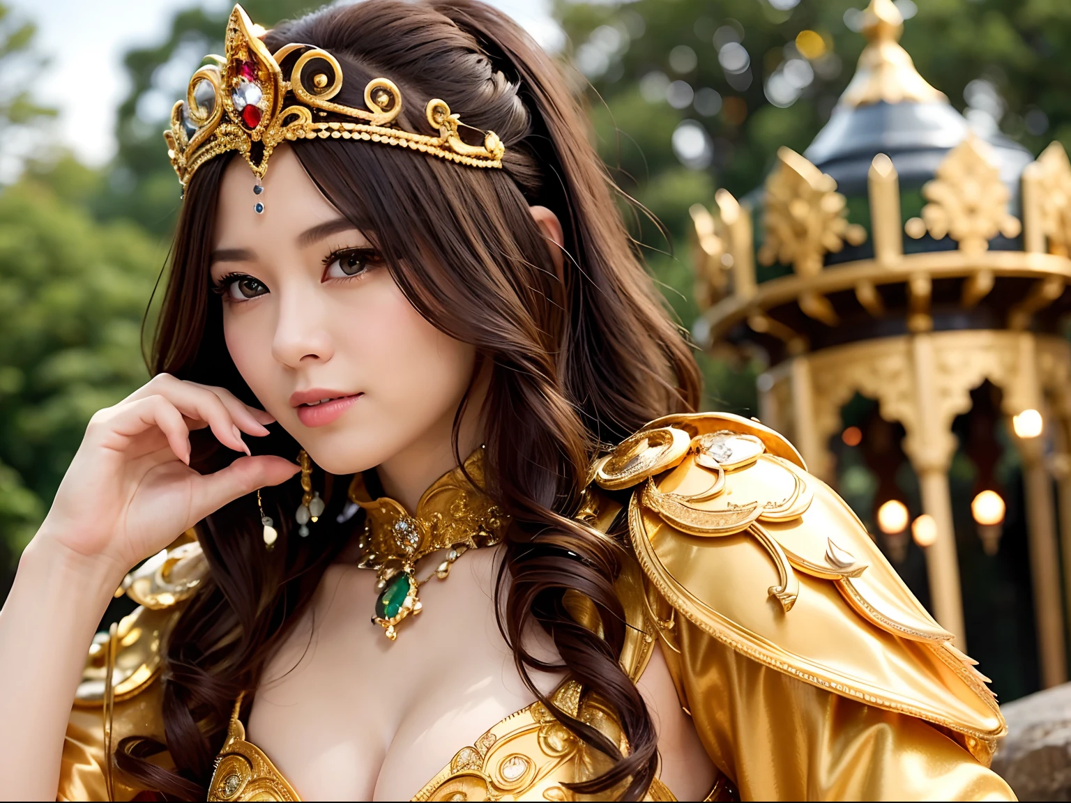 Professional , masterpiece、top-quality、photos realistic , depth of fields (Gemstone Silver Metal Body:1.4),(Matte yellow、Jewel Gold Weapon、(Gorgeous castle background)、(Jewel Metal Body:1.4),(Gorgeous Jewel Metal Weapons) , (Hold the detailed sword of the hero) ,( ) ,warhammer 40k , adepta sororitas,Detail and ornate jewel crown、Brown hair、(Gangle's forest background)、1a person、dynamic ungle,(((Diamond tiara with detail and luxury)))、a small face、A smile、Powerful poses、(Gorgeous castle background)、huge filesize、20 year old beautiful woman、Stand in the center of the screen、Thin female fingers、Straight long hair、Beautiful Caucasian beauty、Mystical expression、Lightly open your mouth、,Luminescent particles,light scattering,Tindall Effect、cleavage of the breast、