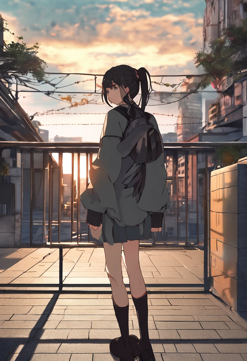 (top-quality、in 8K、32K、masterpiece、nffsw、ighly detailed、Impresionismo:1.2)、Full body, evening、A city scape、On the rooftop、realistic shadow、beauitful face、blurry backround、-yeld beiful girl、shinny skin, Beautiful black hair、Blunt bangs、 braided ponytails、Brown eyes、a sailor suit、pleatedskirt、Black socks、Black shoes、A smile、