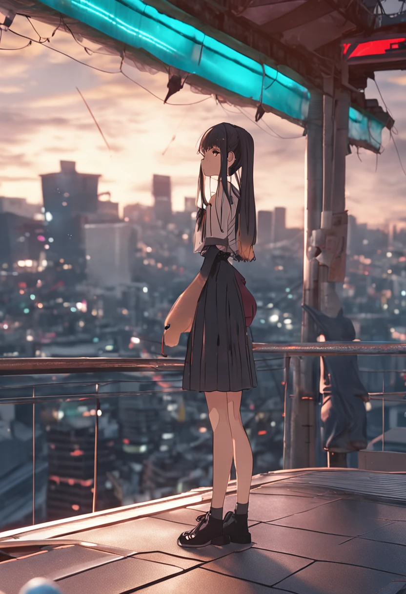 (top-quality、in 8K、32K、masterpiece、nffsw、ighly detailed、Impresionismo:1.2)、Full body, evening、A city scape、On the rooftop、realistic shadow、beauitful face、blurry backround、-yeld beiful girl、shinny skin, Beautiful black hair、Blunt bangs、 braided ponytails、Brown eyes、a sailor suit、pleatedskirt、Black socks、Black shoes、A smile、