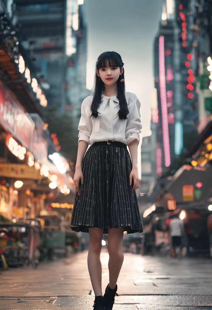(top-quality、in 8K、32K、​masterpiece、nffsw、ighly detailed、Impresionismo:1.2)、Full body, evening、A city scape、On the rooftop、realistic shadow、beauitful face、blurry backround、16-year-old beautiful girl、shinny skin, Beautiful black hair、Blunt bangs、 braided ponytails、Brown eyes、a sailor suit、pleatedskirt、Black socks、Black shoes、A smile、