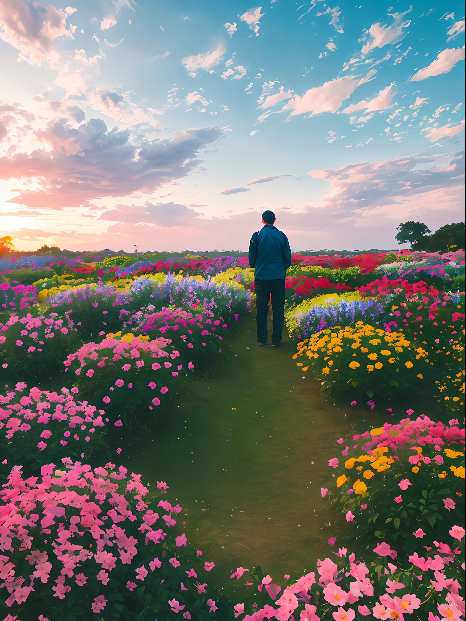 The gardener stands in the midst of a sea of colorful flowers,This pink sky,Clouds fluttering