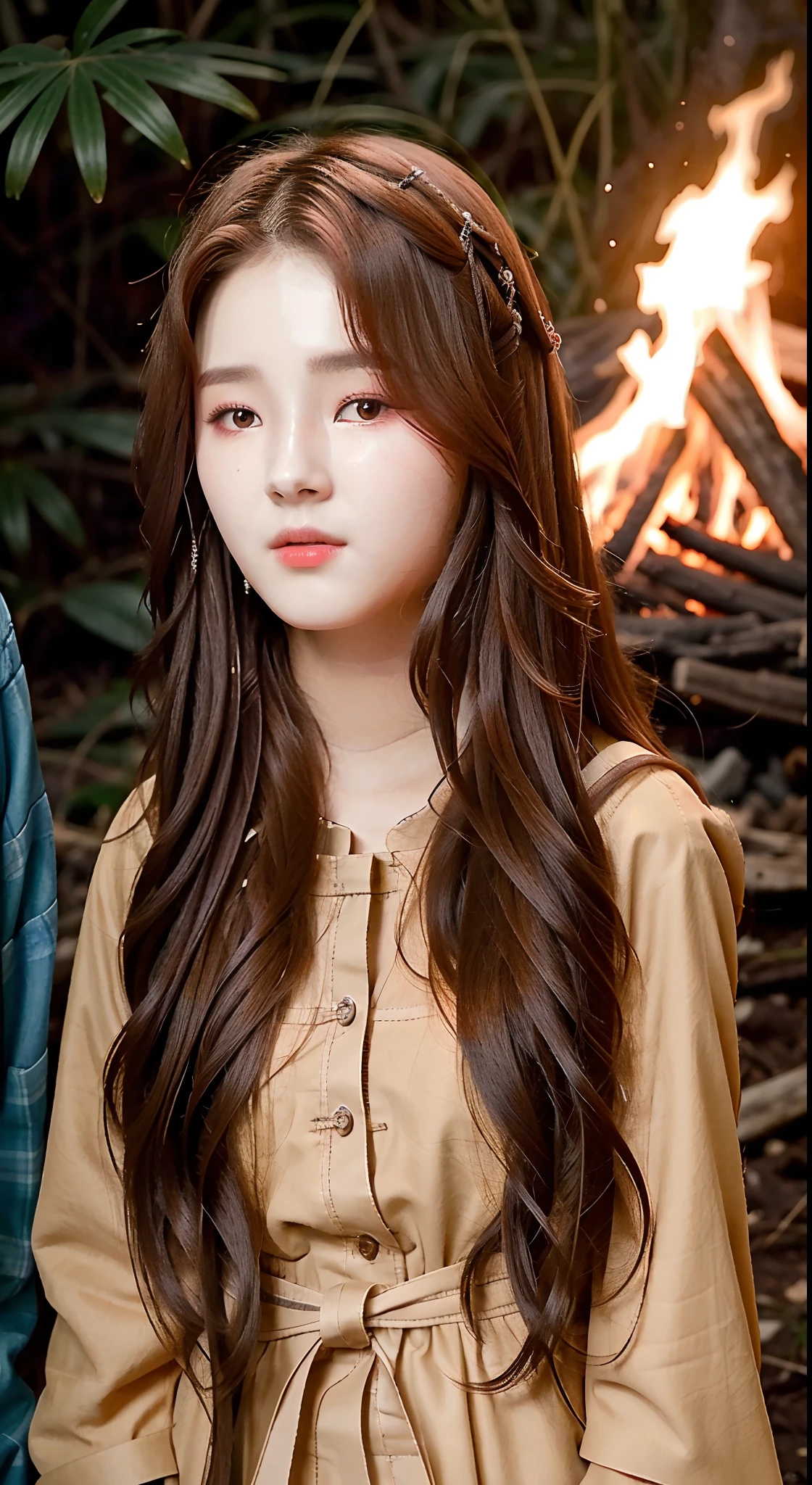 (Nancy McDonie)，"An extraordinary masterpiece, with intricate details, capturing the essence of absurdity (+1.2 creativity boost). A mesmerizing photo of a single girl, nestled in the depths of the dark forest. She stands by a crackling bonfire, dressed in a rustic brown robe."