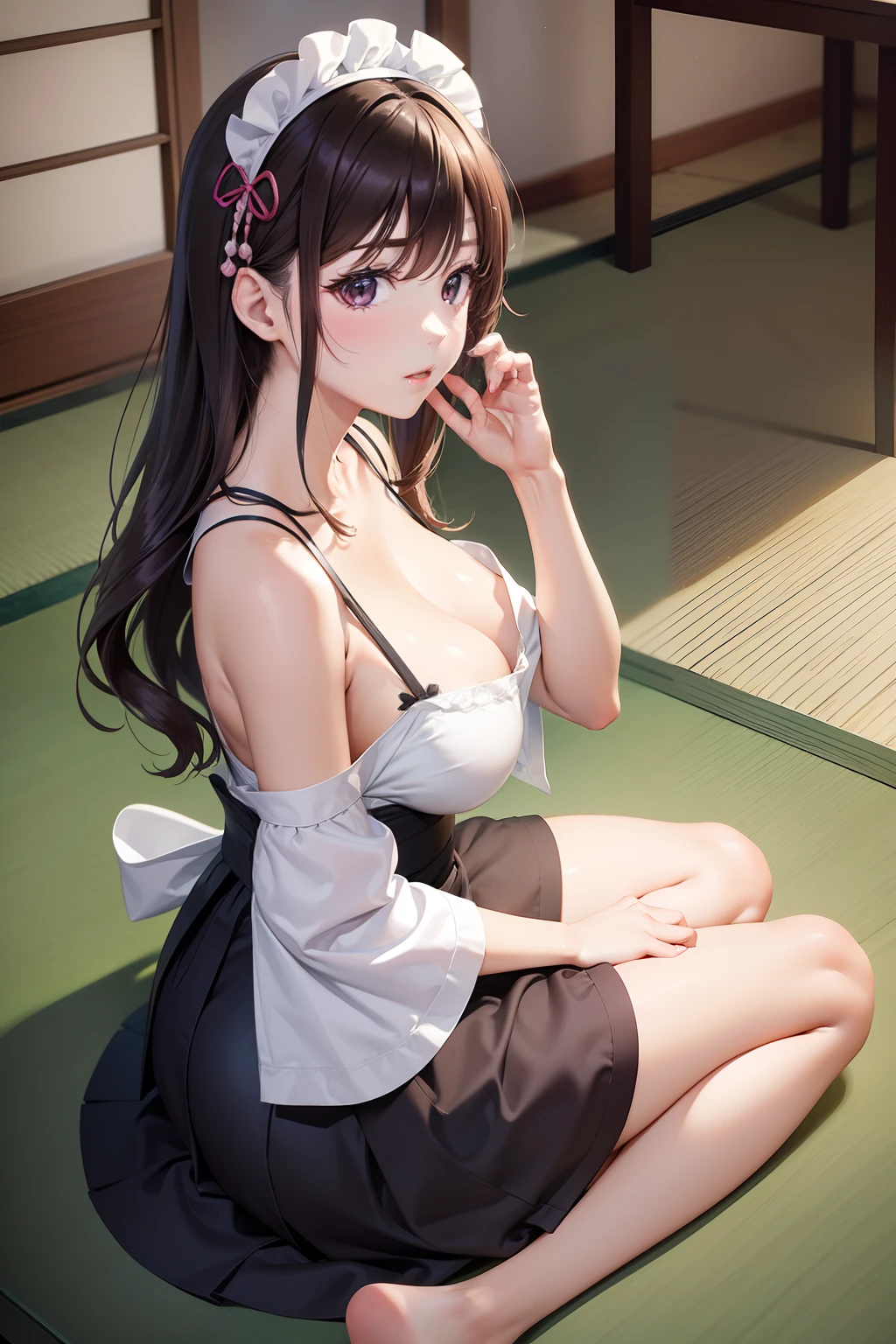there is a woman that is sitting on the floor with a cell phone, oppai, けもの, Bottom Angle, Ayaka, Ayami, in a japanese apartment, ayami koj ima, uhd candid photo of dirty, gorgeous maid, nishimiya shouko, [ photos realistic ]!!, Brilliant, omina tachibana