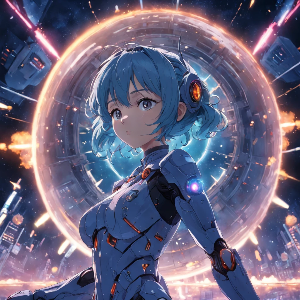 tmasterpiece，best qualtiy，cinematic Film still from，droid，Floating in the sky，closeup cleavage，blasts，flight，dim murky lights，（Up：0.2）