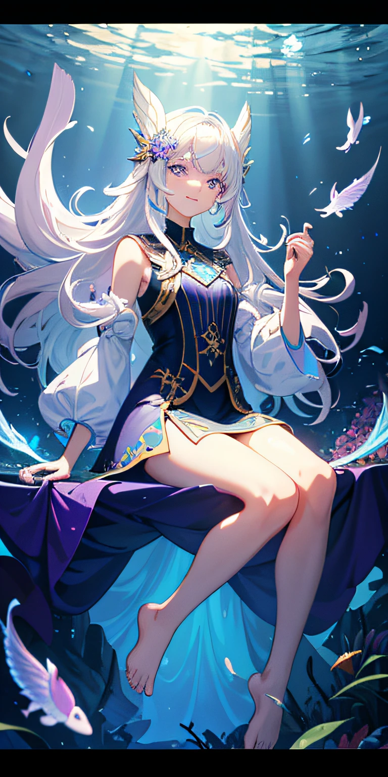 (masterpiece, best quality, extremely detailed CG, beautiful detailed eyes, ultra-detailed, intricate details: 1.2), 8k wallpaper, exquisite features, (1girl, solo: 1.4), long hair, striped hair, elf, aura, looking at the viewer, blue eyes, earrings, underwear, anklets, big boobs, arcane, blue flame, feathers, birds, magic surround, magic wands, magic balls, books, magic wands, magic balls, books, flying pages in the sky, magic array, magic array, spell, night, dark