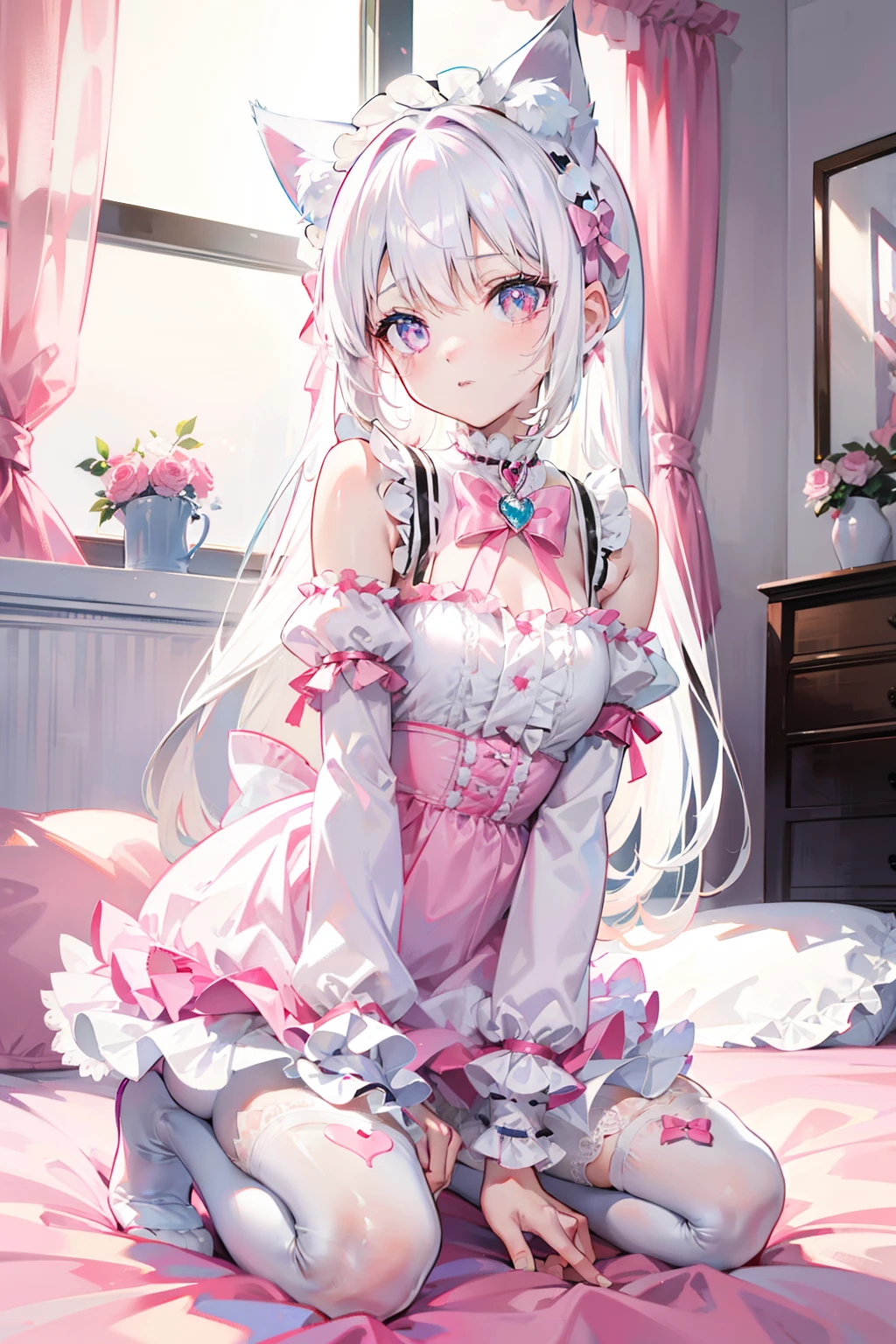 White hair，cat ear，Pink eyes，Light blue Lolita，White tights，pink bows，inside in room，kneeling on a bed