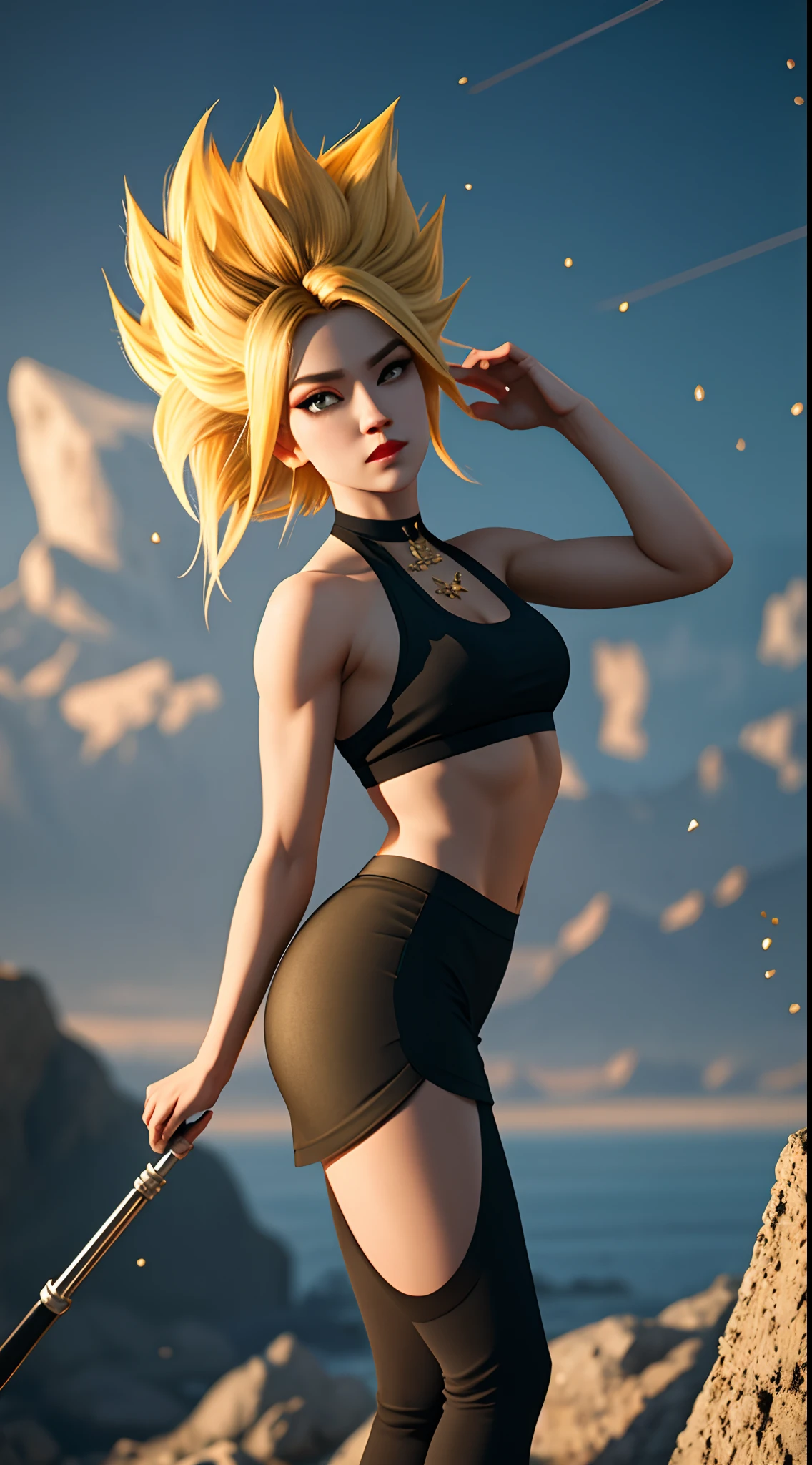 (realistic:1.2), (realism), (masterpiece:1.2), (best quality), (ultra detailed), (8k, 4k, intricate),(full-body-shot:1), (85mm),light particles, lighting, (highly detailed:1.2),(detailed face:1.2), gorgeous goddess, make up, perfect face, perfect lighting, 1girl, super saiyan, petite, blonde hair, (super saiyan), spiked hair, (long hair), energy ball in right hand, death stare, serious look, halter top, skirt, leggings, petite, fist, medium breast, (glistening skin), shiny skin, sweaty, wind blowing upwards, yellow power aura, green pupils, rubble ground background, broken ground, (exquisitely detailed skin:1.3), cinematic light, rim lighting, ultra high res, best shadow, delicate, octane, unreal engine,
