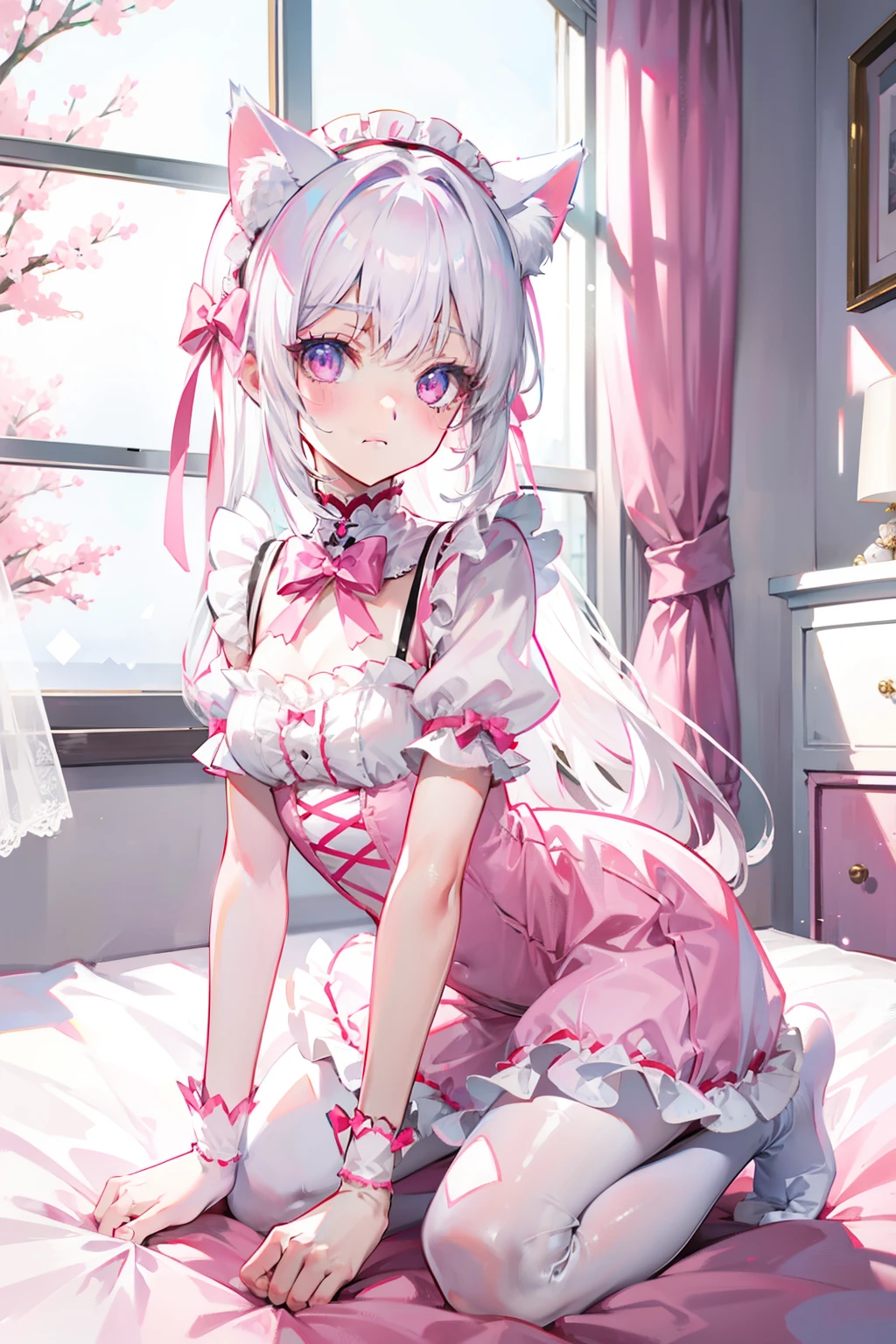 Cute white-haired loli，Wearing Lolita and white stockings，Sitting on the bedside，spread their legs，Pink panties can be seen，Air leakage in lower body