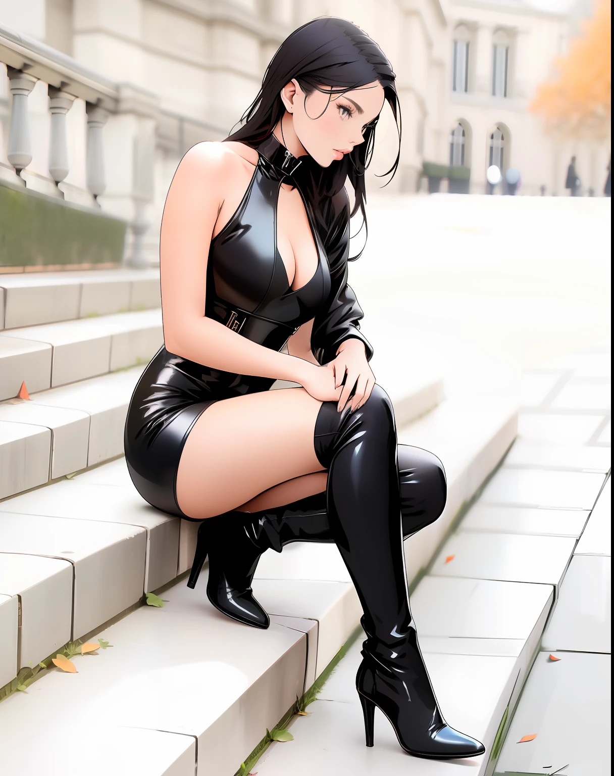 araffe sitting on steps with her legs crossed and wearing black boots, wearing black latex outfit, wearing a tight black dress, skintight dress, wearing latex, high boots, tight short dress, latex dress, skintight black clothes, tight attire, dressed in black, wearing black boots, very sexy outfit, dressed in black leather