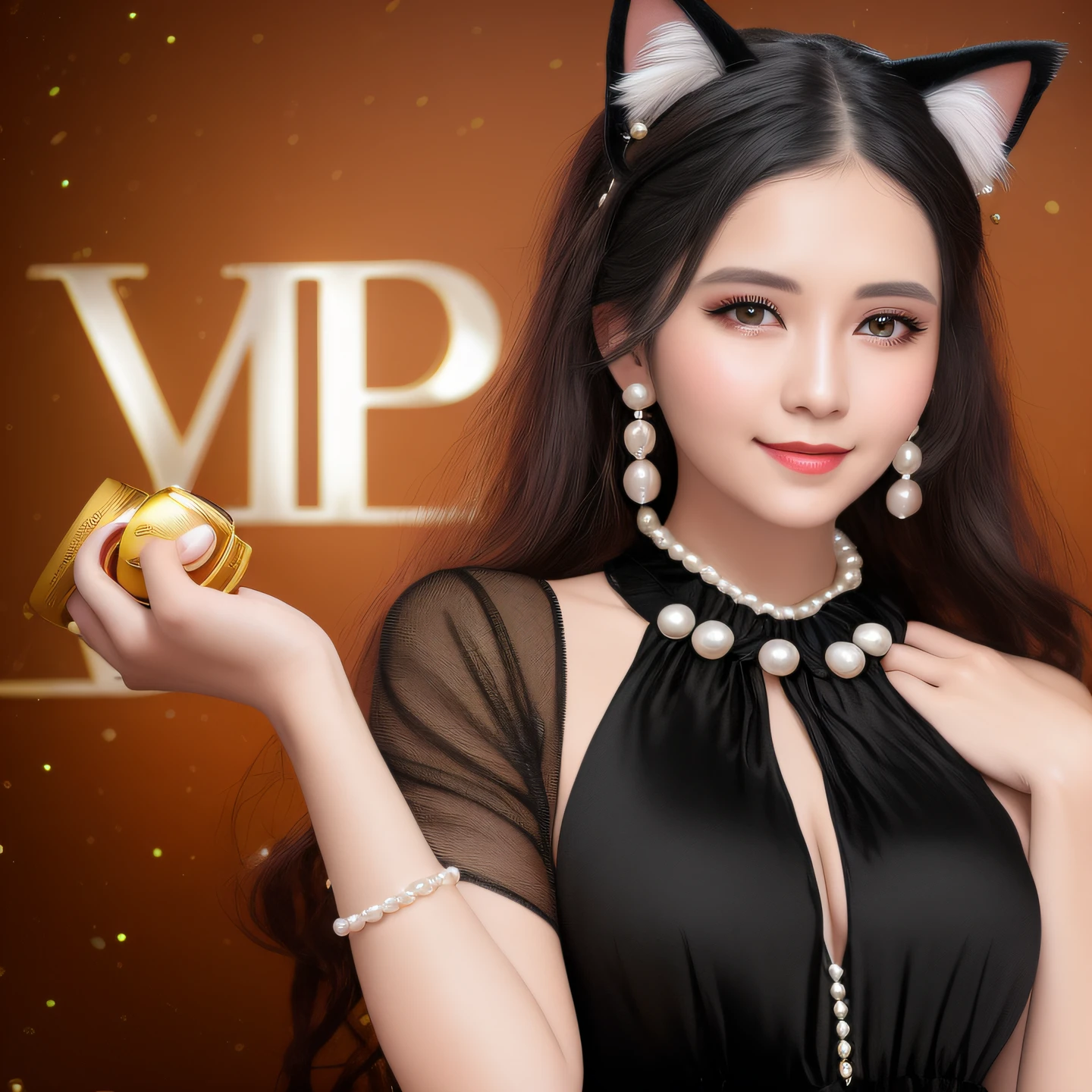 There was a woman in a black dress,Smile Expression,Has cat ears,Holding a thermos cup in his hand,Pearl earrings,pearls necklace,Long hair with a shawl,Black gauze dress,Golden background,Complete hands,16K quality,commerciaphotography
