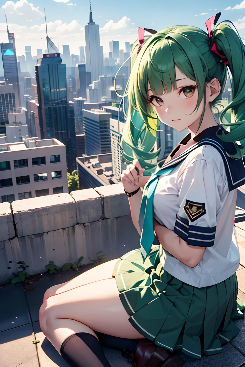 miku hatsune、Green hair、(top-quality、in 8K、32K、masterpiece、nffsw、ighly detailed、Impresionismo:1.2)、Full body, evening、A city scape、On the rooftop、realistic shadow、beauitful face、blurry backround、16-year-old beautiful girl、shinny skin, Beautiful green hair、Blunt bangs、 Twin-tailed、Brown eyes、a sailor suit、pleatedskirt、Black socks、Black shoes、Oh no, lol.、thighs thighs thighs thighs、from the front side、