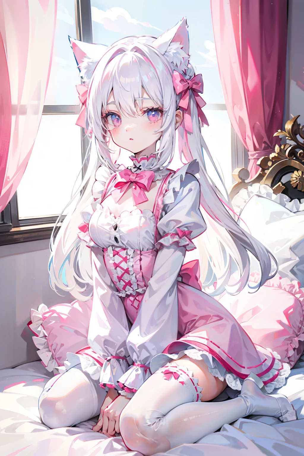 White hair，cat ear，Pink eyes，Light blue Lolita，White tights，pink bows，inside in room，kneeling on a bed