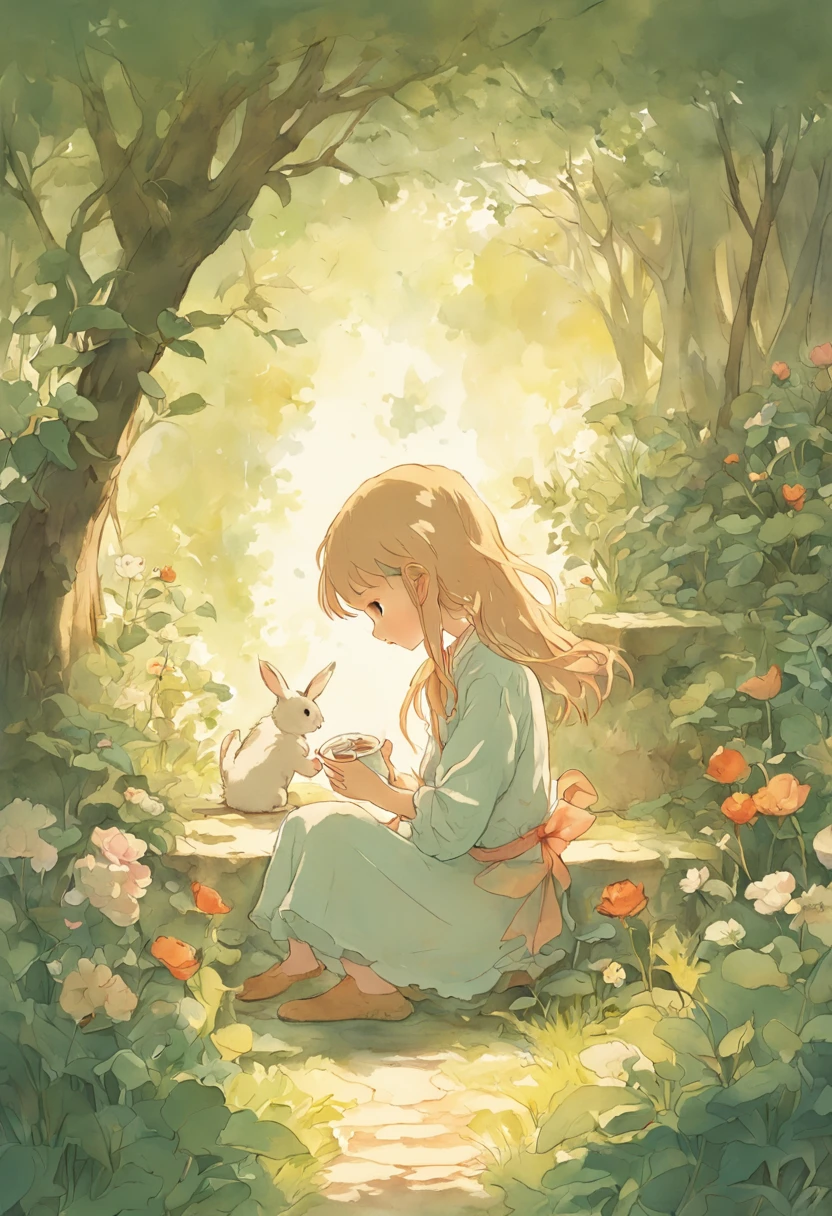 A picture book illustration in the style of Beatrix Potter, showing a girl and a rabbit having tea in a garden. The illustration is charming and delicate, with soft colors and details.