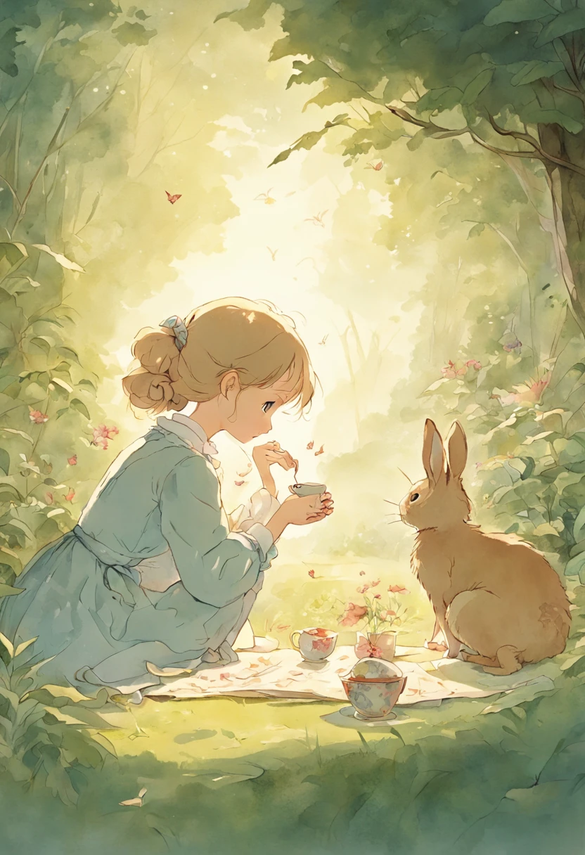 A picture book illustration in the style of Beatrix Potter, showing a girl and a rabbit having tea in a garden. The illustration is charming and delicate, with soft colors and details.