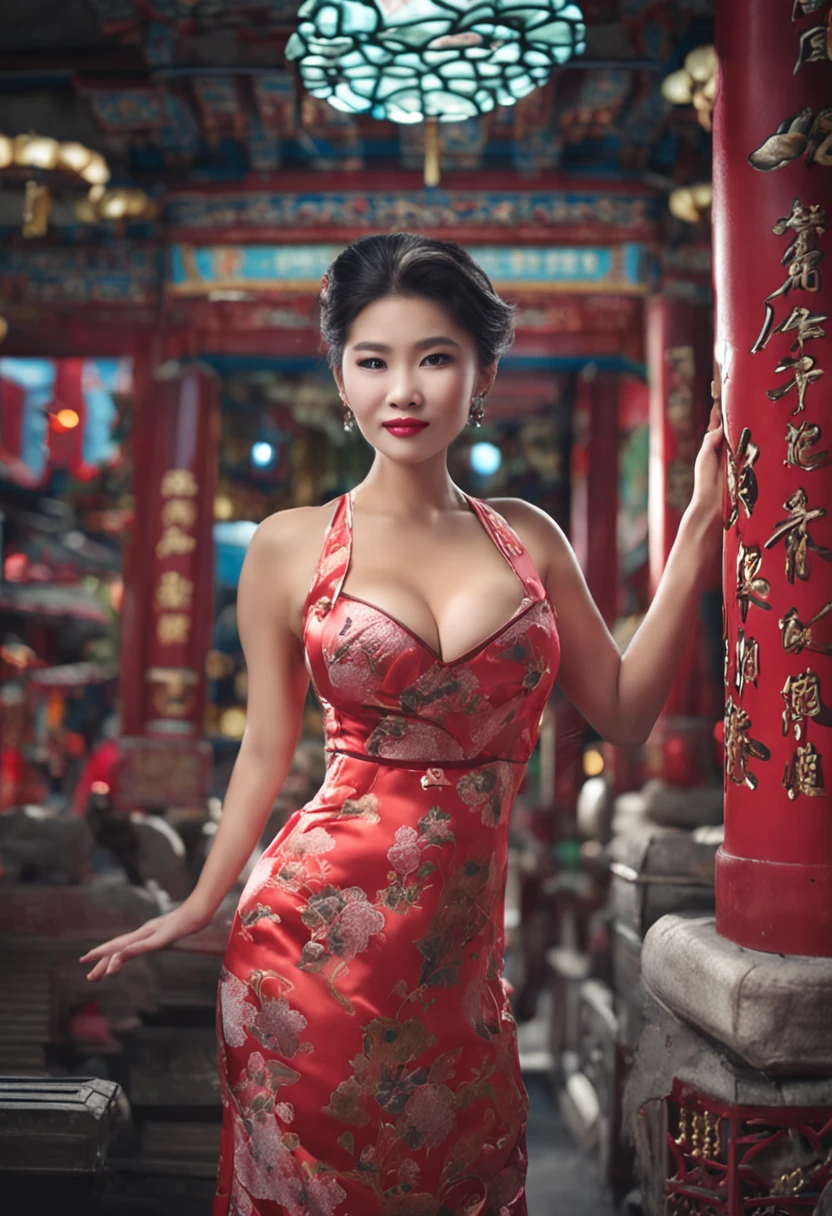 Big-breasted beauties wear cheongsam and their breasts are so big that they can't hold their clothes