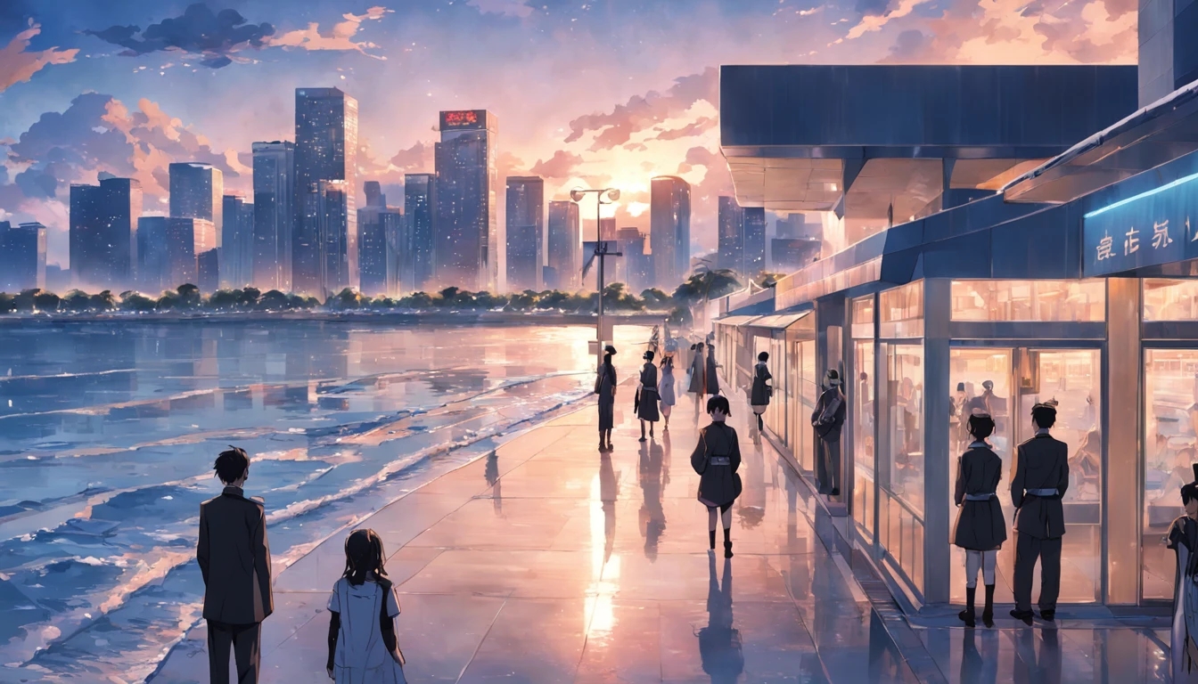 On the refreshing seaside waterfront square,Next to the seaside promenade,A team of security guards is on patrol。They are reflected in the calm waters。In the distance, modern high-rise buildings rise。