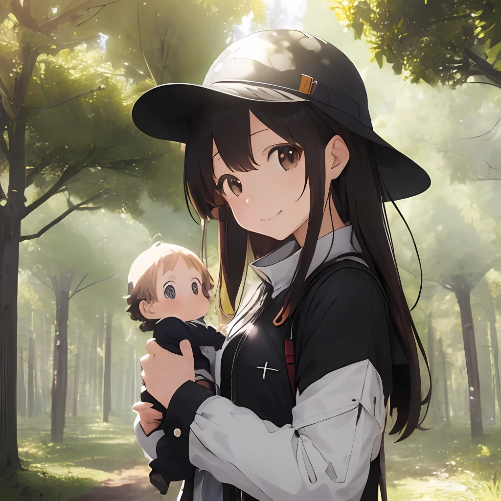 (masutepiece, Best Quality, Capture super cute moments, depth of fields, ultra-detailliert, Ultra High Resolution, C4D, Octadale, 3D Modeling, 8K, one girls、25-years old、A dark-haired、straight haired、Light brown eyes,sun visor、Dotted outerwear、Black pants、(ssmile)、(Holding a )、(Being in a forest with a big tree)、