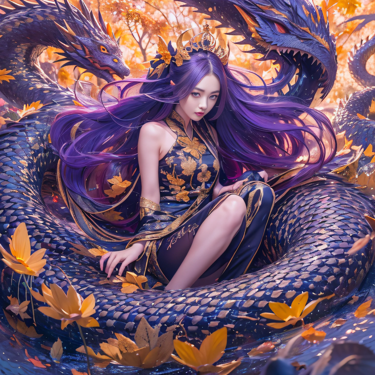 32K(tmasterpiece,k hd,hyper HD,32K)Long flowing bright purple hair,Autumn Pond,zydink, a color, Asian people (Silly girl), (Silk scarf), Combat posture, looking at the ground, long whitr hair, Floating bright bluish purple, Fire cloud pattern gold tiara, Chinese short-sleeved gold silk garment,huge tit (abstract ink splash:1.2), white backgrounid,Lotus Dragon Protector(realisticlying:1.4),Bright purple colored hair,Smoke on the road,The background glows purely, A high resolution, the detail, RAW photogr, Sharp Re, Nikon D850 Film Stock Photo by Jefferies Lee 4 Kodak Portra 400 Camera F1.6 shots, Rich colors, ultra-realistic vivid textures, Dramatic lighting, Unreal Engine Art Station Trend, cinestir 800,Long flowing bright purple hair