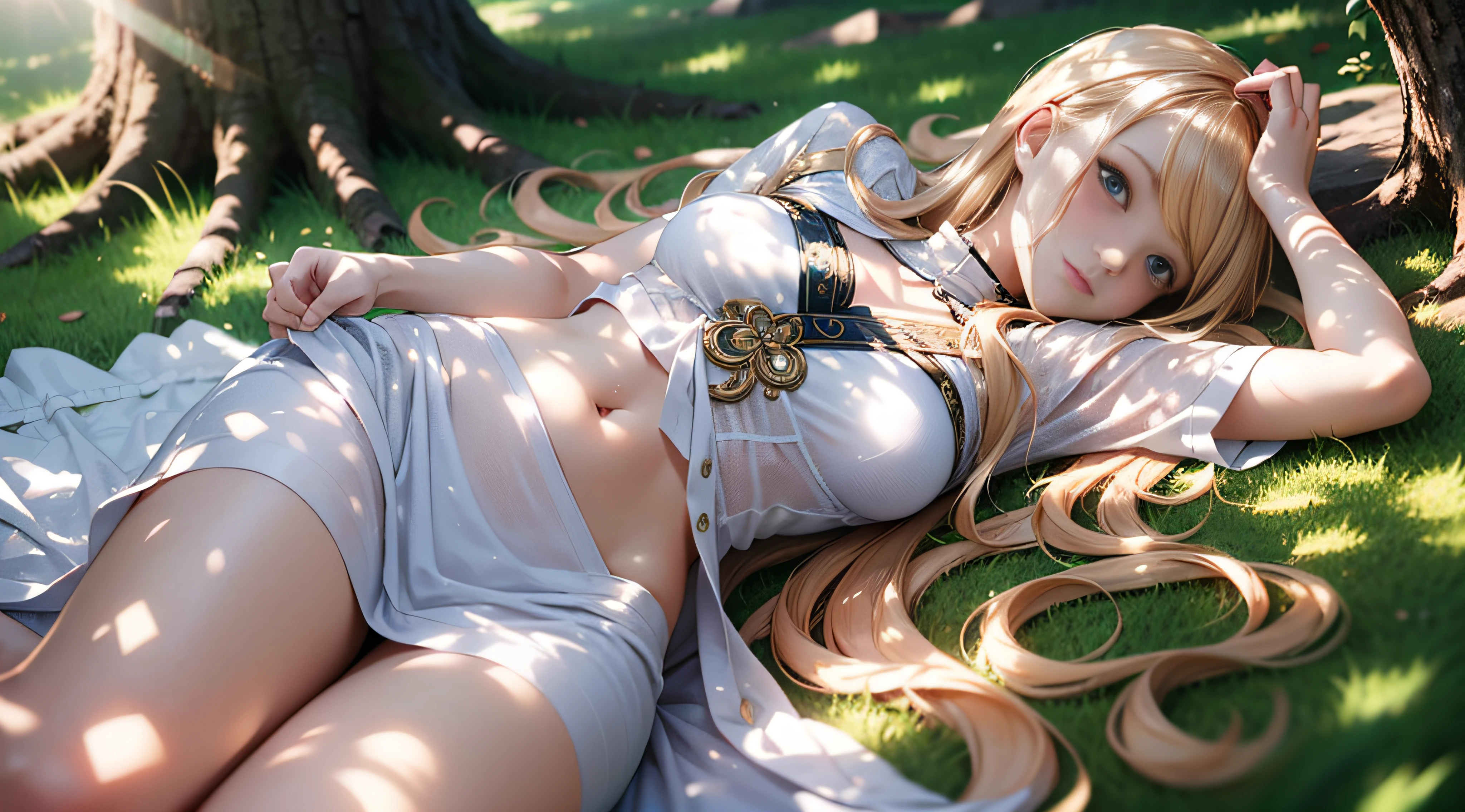 Hidden photo of a transcendent beautiful girl with long blonde hair lying on the grass in the shade of a tree、sacredness、Highly detailed background，Realistic，ultra-detailliert，super detailed skin，light glow，Film grain，Expro II，Lens Flare，Sharpen，cinematic shadow