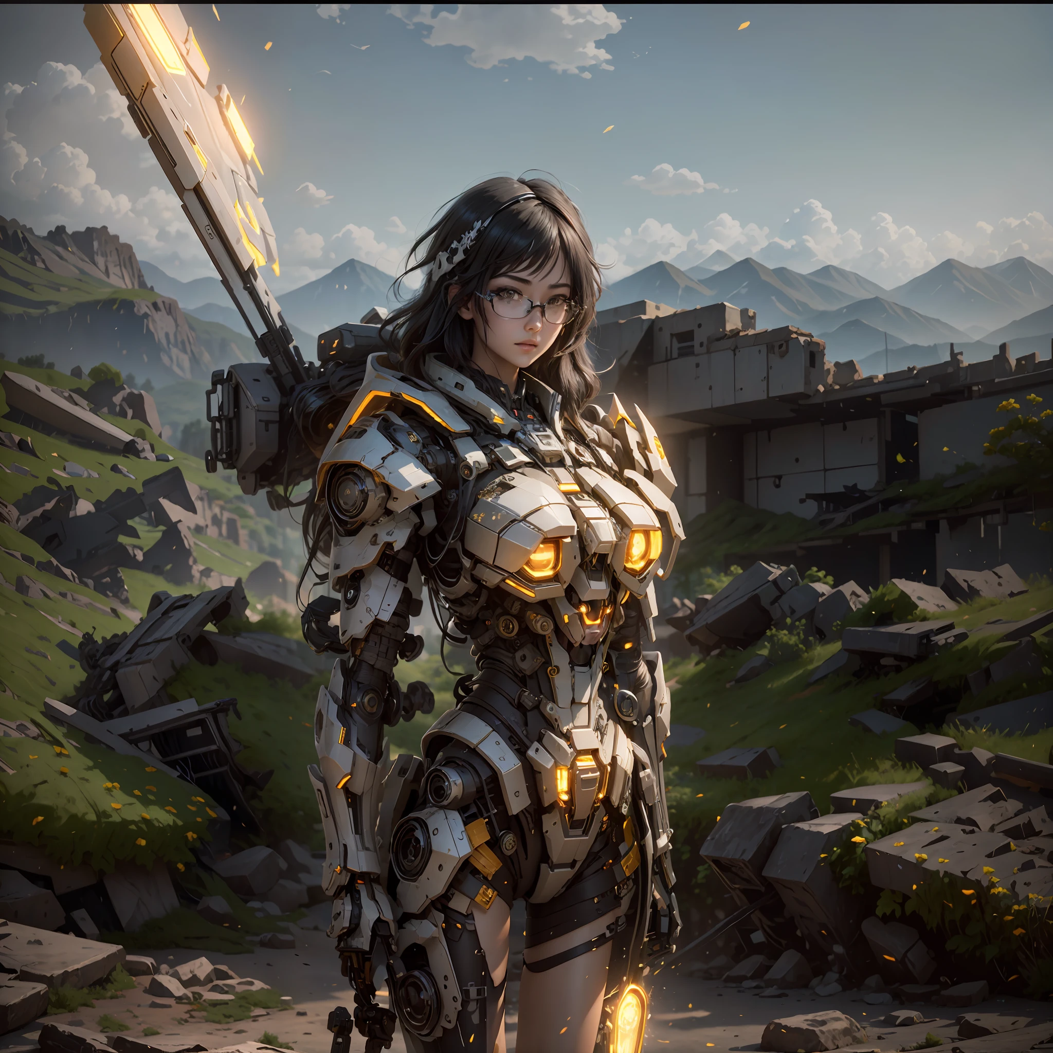 ((Best Quality)), ((Masterpiece)), (Very Detailed:1.3), 3D, Shitu-mecha, Beautiful cyberpunk woman with her pink mech in the ruins of a city in the forgotten war, Ancient technology, HDR (High Dynamic Range), ray tracing, NVIDIA RTX, super resolution, unreal 5, subsurface scattering, PBR texture, post-processing, anisotropic filtering, depth of field, maximum sharpness and sharpness, multi-layer texture, albedo and highlight maps, surface shading, Accurate simulation of light-material interactions, perfect proportions, octane rendering, duotone lighting, low ISO, white balance, rule of thirds, wide aperture, 8K RAW, efficient sub-pixels, subpixel convolution, luminescent particles, light scattering, Tyndall effect, wearing black glasses, black long hair with black hair band