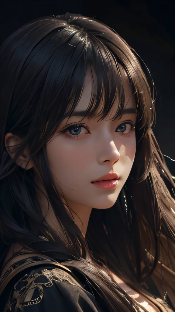 (Ultra Realistic), (Illustration), (Increased Resolution), (8K), (Extremely Detailed), (Best Illustration), (Beautiful and Detailed Eyes), (Best Quality), (Ultra Detailed), (Masterpiece ), ( wallpaper), (detailed face), solo, 1 girl, looking at viewer, fine details, detailed face, in the dark, deep shadows, low key, pureerosfaceace_v1, smiling, long hair, black shawl straight hair , 46 points oblique bangs