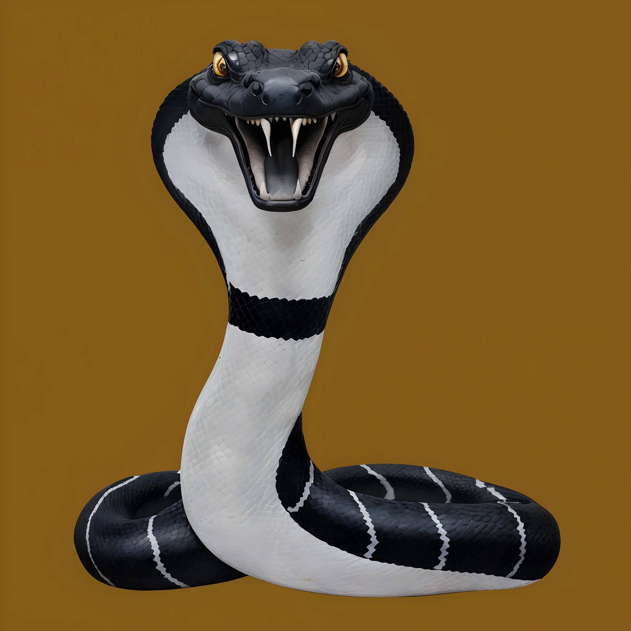 Cartoon cobra with black and white striped head and tail, cobra head mascot facing right, Snake body. many large, Snake, big snakes heads with open mouth, Snake body, coiled realistic serpents, snake art, a snake head, Big snake, highly detailed snakes, snake is surrounding them, serpent body, Big snake head，metalictexture