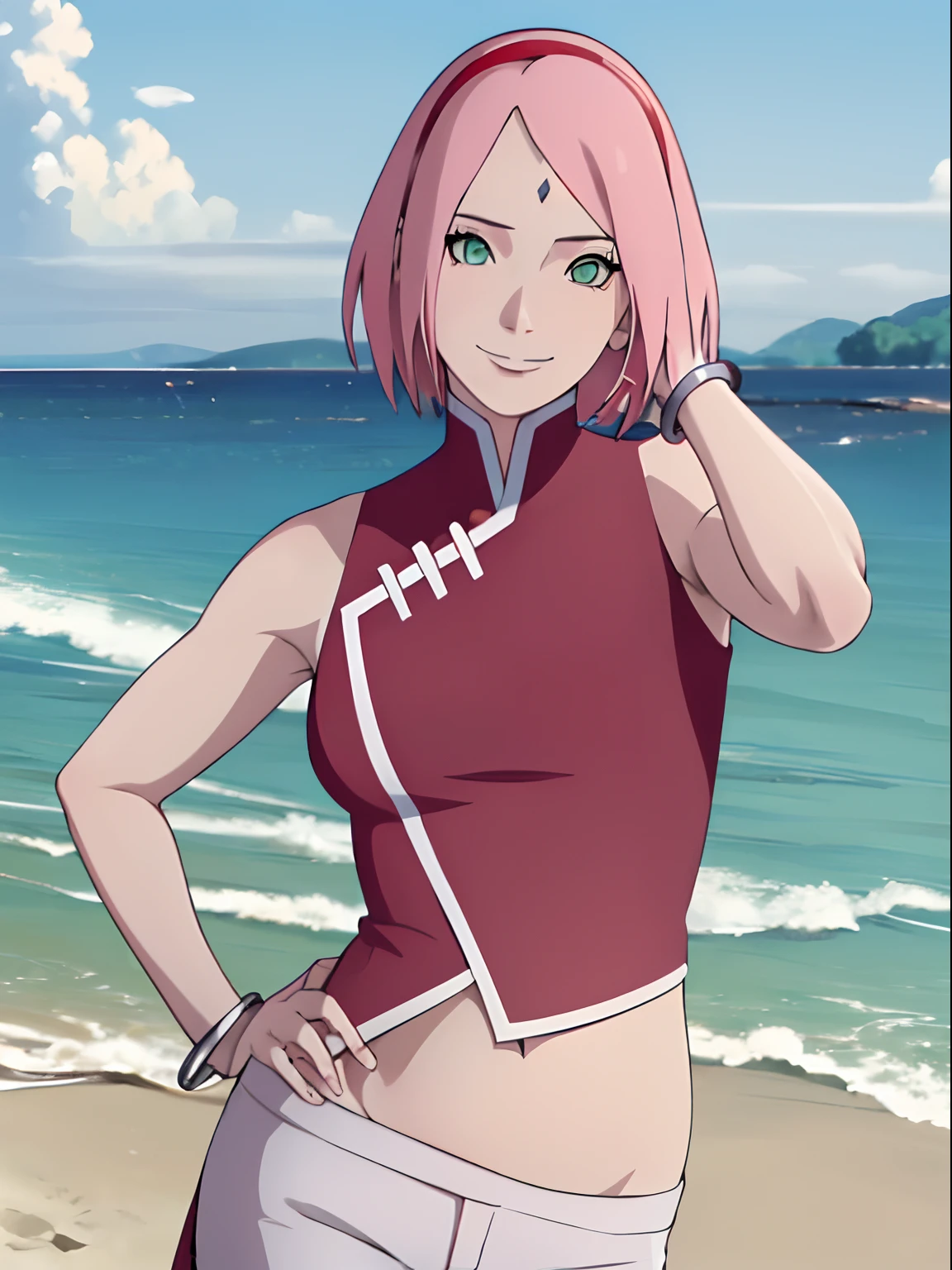 masterpiece, 1k, portrait, face shot, professional artwork, detailed beach background, intricate details, colorful, digital blending, (ultra detailed body, ultra detail hair, ultra detail face), trending on pixiv, kind smile, very hot color, best quality, anime style: 1.9, 1girl, hires, haruno sakura, (forehead mark, milf, red hairband, pale skin, short hair, ((red sleeveless dress), white pants), (navel, belly button, groin, bracelet, pink hair), (ultra detailed green eyes), smile, beach, wind, floating hair, detailed arms, off-shoulders, slightly muscular arms, (dirty armpits), standing)