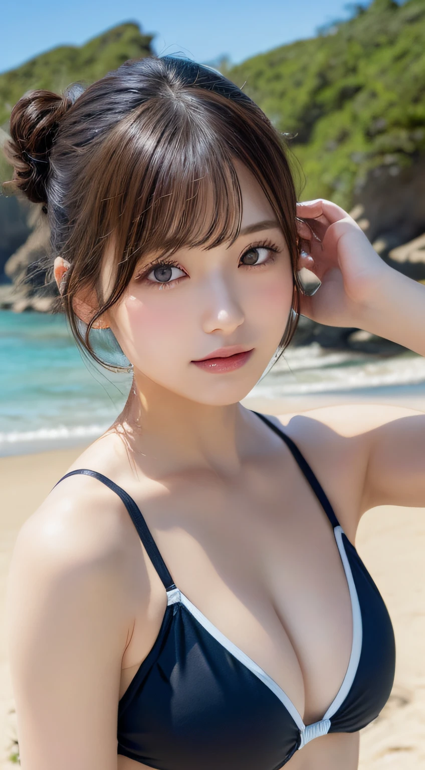 masutepiece, Best Quality, Illustration, Ultra-detailed, finely detail, hight resolution, 8K Wallpaper, Perfect dynamic composition, Beautiful detailed eyes, Swimsuit, Random and cute hairstyles, medium breasts, Natural Color Lip,Beach, Random and cute poses,