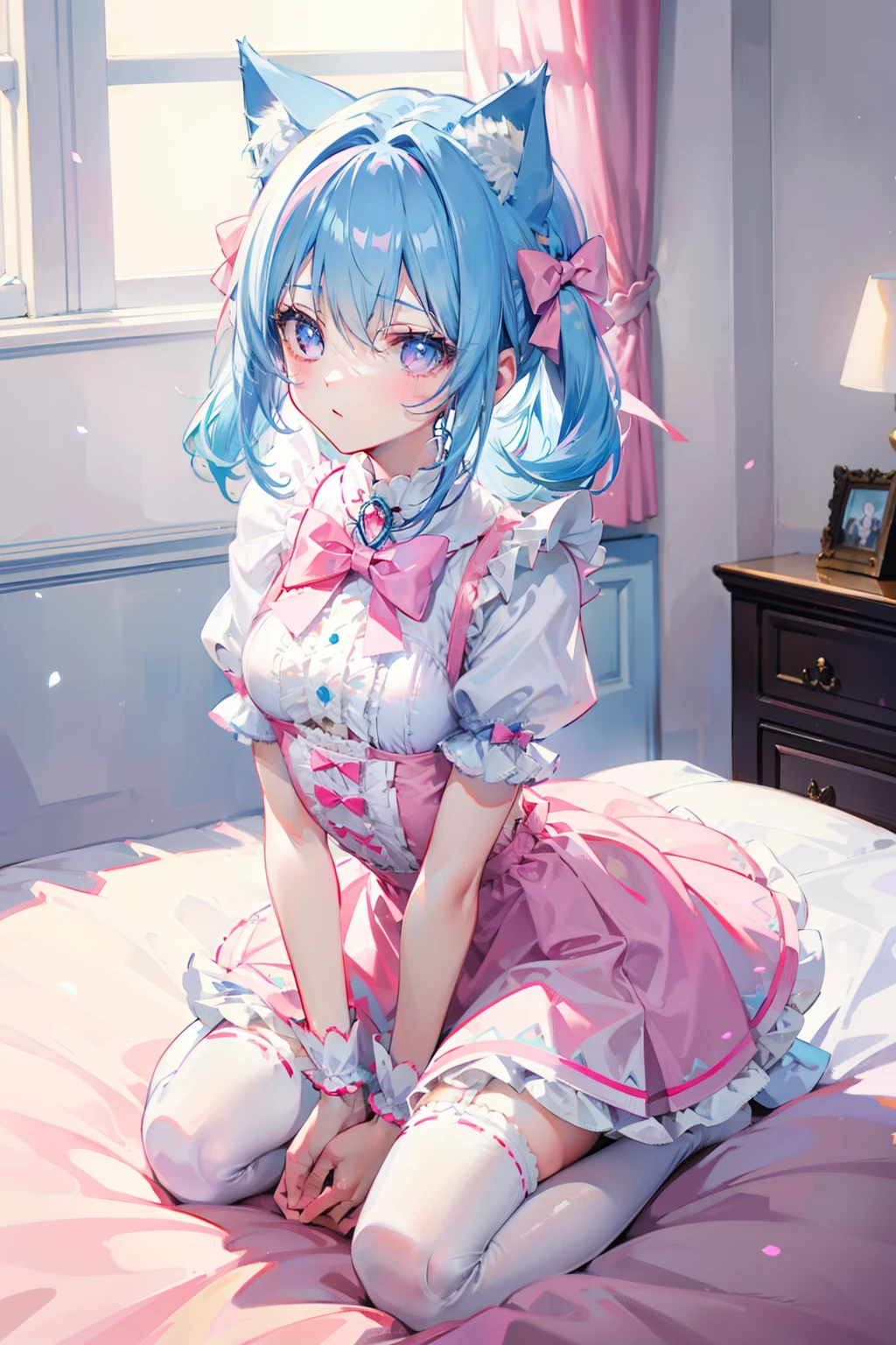 Light blue hair，cat ear，Pink eyes，Light blue Lolita，White tights，pink bows，inside in room，kneeling on a bed