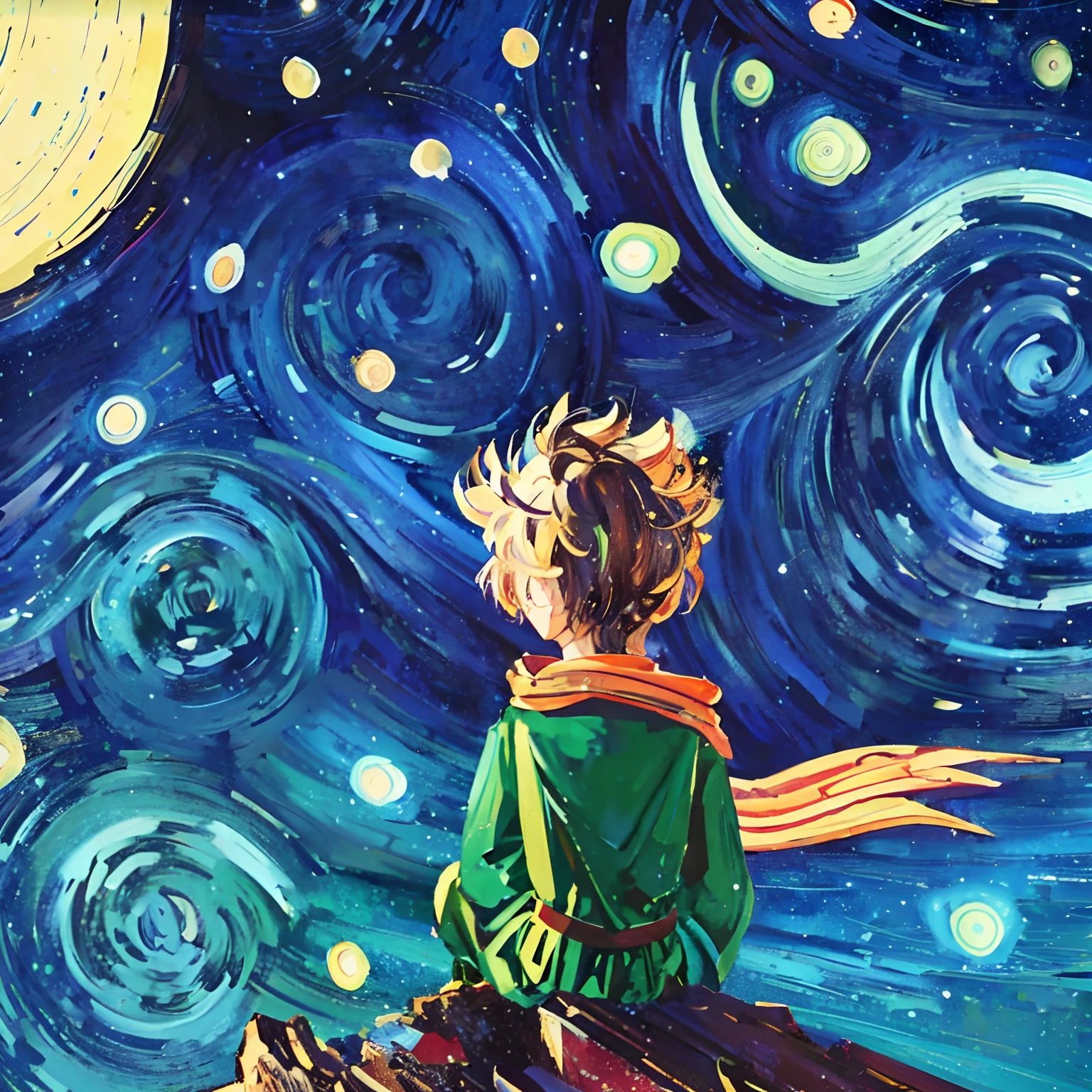 Draw a boy sitting on the prairie looking at the stars, the  prince, its a deep dream, stary night painting, ✏️🎨, digital cartoon painting art, painted digital art, looking to stars, in the starry night, vibrant cartoon art, epic art, digitial painting, looking at the stars, looking at the stars, stunning art style