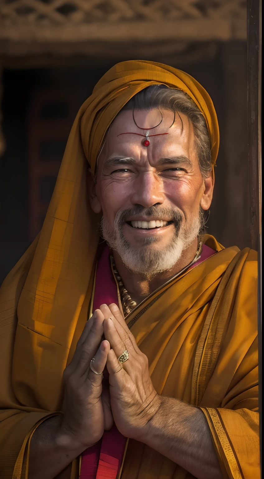 Arnold Schwarzenegger, Smiling Face, cinematic portrait photo of a very interesting Arnold Schwarzenegger Wearing the saffron robes of a monk, Inspired by Sadhusant, Saffron clothes, folded hands, pray of God, Rudraksha beads, rudraksha in hand, ghat of varanasi, eyes close up, highly detailed vfx portrait, taken with a full frame camera with a wild lens,