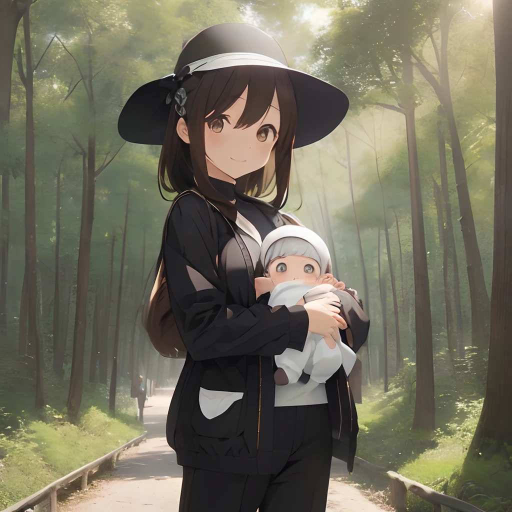 (Tabletop, highest quality, Capture the cutest moment, Depth of written boundary, Ultra-detailed, Ultra-high resolution, c4d, Octadale, 3D Modeling, 8k, One Girl、Age 25、Black-haired、Straight Hair、Light brown eyes,Sun visor、Dot outerwear、Black trousers、(smile)、(Holding a baby)、(Being in a forest with a big tree)、