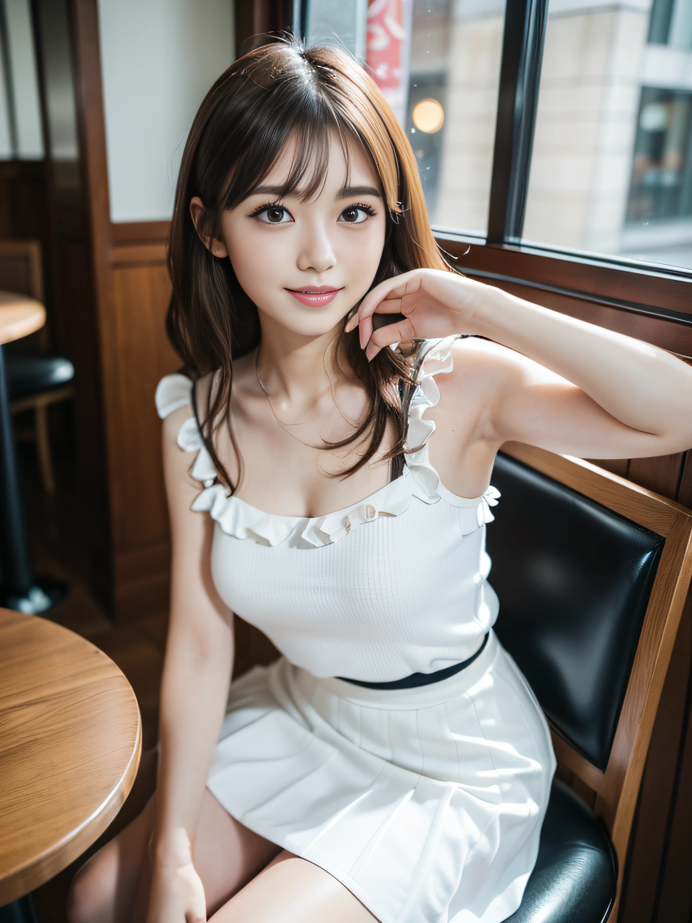8K、Raw photography、(masuter piece:1.2)、(Photorealsitic:1.2)、(best qualtiy)、((Sleeveless with white frills))、((Adult woman in floral white skirt))、((japanes、25-years old))、Light brown hair in one woman、((full body Esbian))、make - up、Smart body、A smile、Poses variadas、hyperdetailed face、A detailed eye、((No close-ups))、(Inside the café、Sitting on a chair)