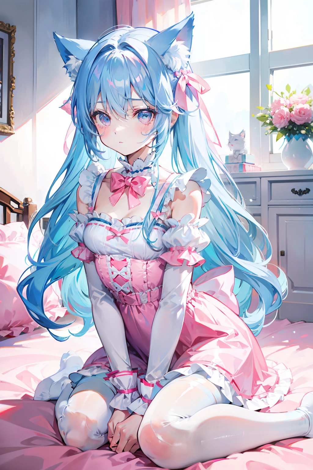 Light blue hair，cat ear，Pink eyes，Light blue Lolita，White tights，pink bows，inside in room，kneeling on a bed