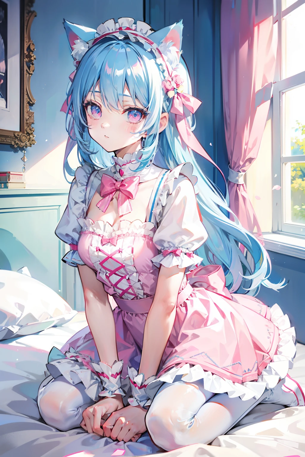 Light blue hair,cat ear,Pink eyes,Light blue ta,White tights,pink bows,inside in room,kneeling on a bed