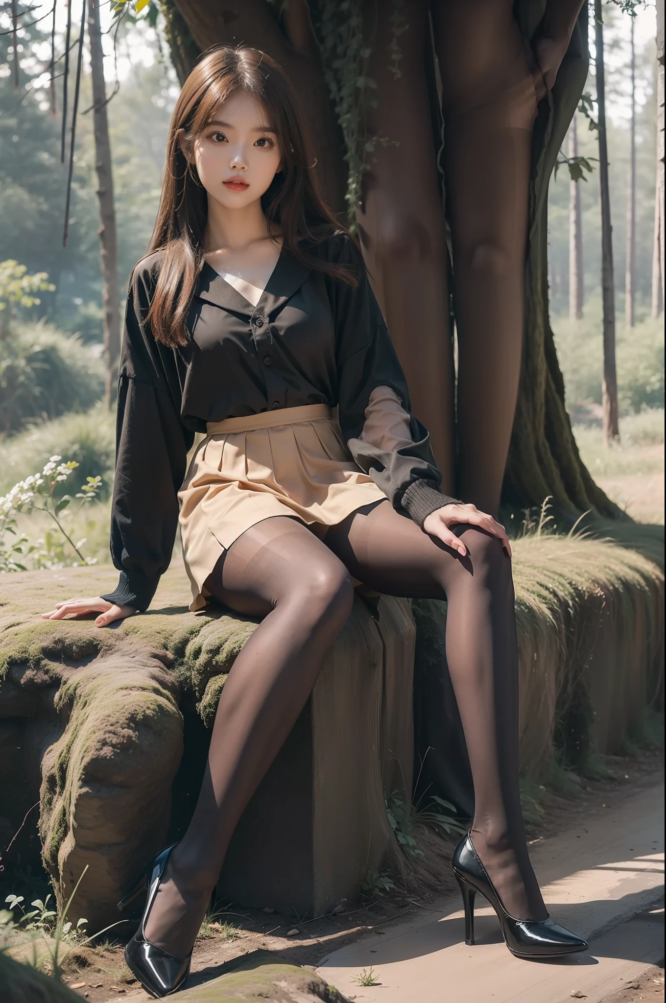 (full body:1.5)，(1girl:1.3),(view the viewer:1.4)，(anatomy correct:1.3),(sitting in the forest:1.2),(Wearing a school Style Dress:1.2),(Opaque brown pantyhose:1.3),( girl pointed thick heels :1.1)，(Accurate and perfect face:1.3),(Long legs:1.3),hyper HD, Ray traching, reflective light， structurally correct, Award-Awarded, high detail, lighten shade contrast, Face lighting ，cinematic lighting, masterpiece, super detailing, high quality, high detail, best quality, 16k，High contrast,