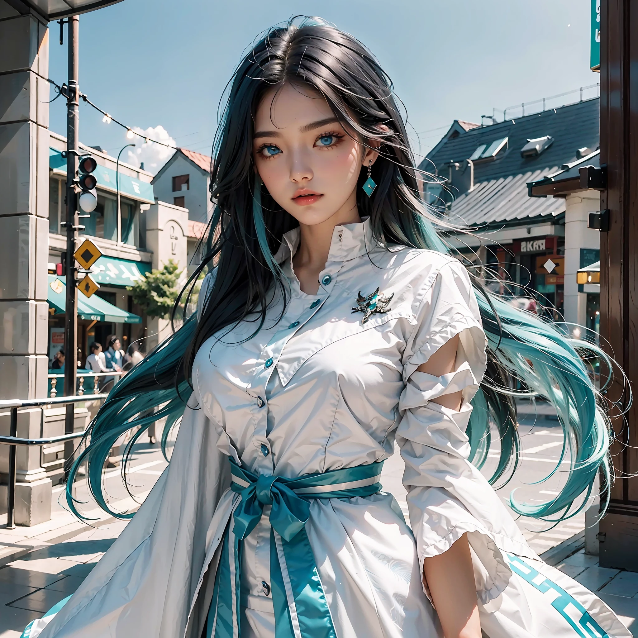 tmasterpiece,Best quality at best,the Extremely Detailed CG Unity 8K Wallpapers,In the daytime, White skin of the,long eyelasher, Long hair and waist,Pitch-black hair, Gradient hair, The ends of the hair are blue-green,Turquoise eyes,hair straight, White school uniform, Beautiful long neck, Bumpy figure,frontage,The upper part of the body,Highest image quality,Jewel-like eyes,Extremely beautiful,Fair face,Light eyebrows