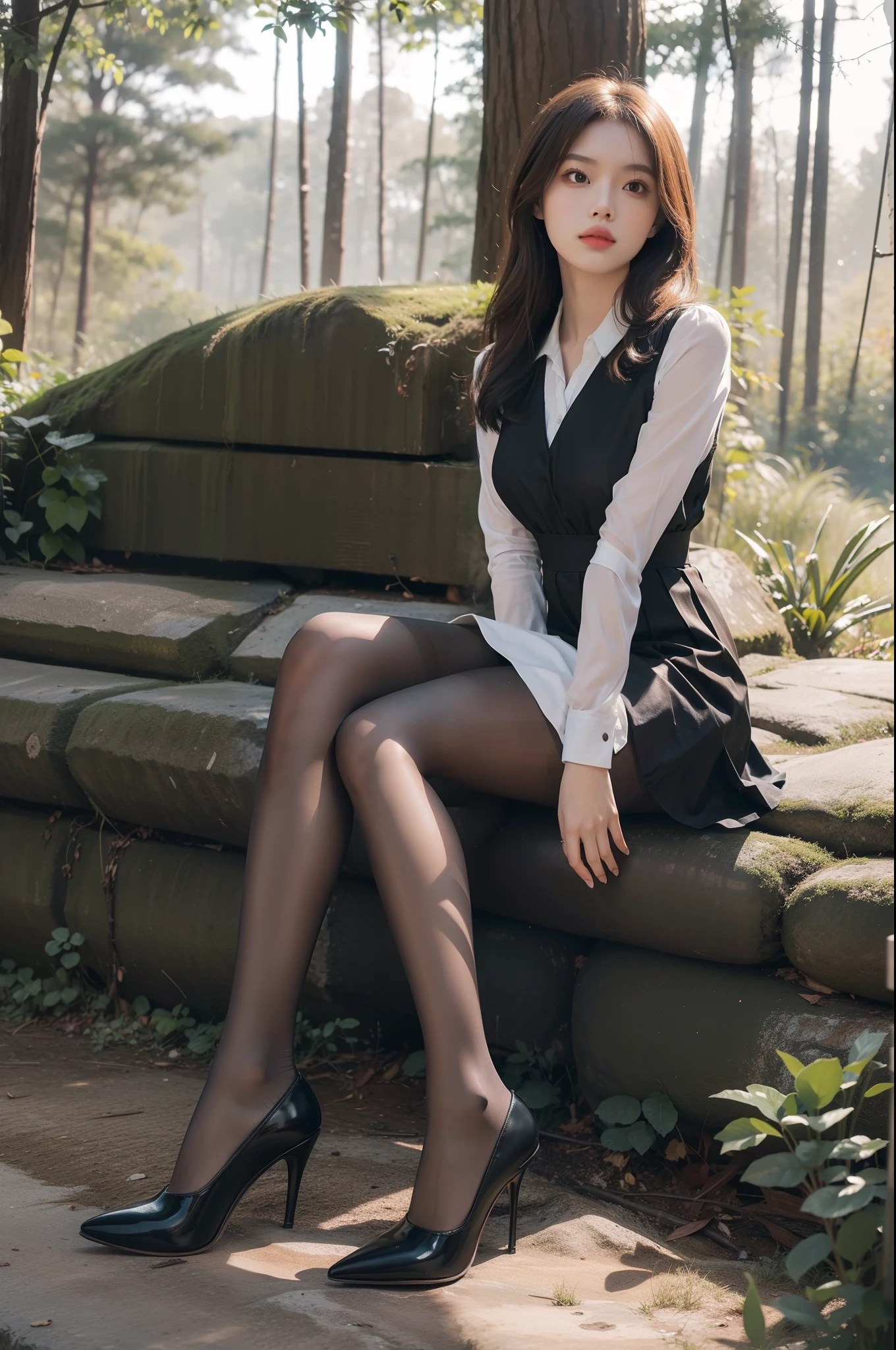 (full body:1.5),(1girl:1.3),(view the viewer:1.4),(anatomy correct:1.3),(sitting in the forest:1.2),(Wearing a school Style Dress:1.2),(Opaque brown pantyhose:1.3),( girl pointed thick heels :1.1),(Accurate and perfect face:1.3),(Long legs:1.3),hyper HD, Ray traching, reflective light, structurally correct, Award-Awarded, high detail, lighten shade contrast, Face lighting ,cinematic lighting, masterpiece, super detailing, high quality, high detail, best quality, 16k,High contrast,