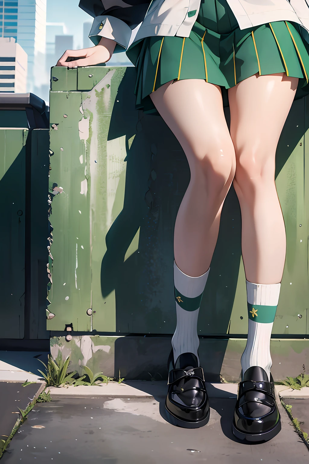 miku hatsune、Green hair、(top-quality、in 8K、32K、masterpiece、nffsw、ighly detailed、Impresionismo:1.2)、Full body, evening、A city scape、On the rooftop、realistic shadow、beauitful face、blurry backround、16-year-old beautiful girl、shinny skin, Beautiful green hair、Blunt bangs、 Twin-tailed、Brown eyes、a sailor suit、pleatedskirt、Black socks、Black shoes、A smile、Striped panties、thighs thighs thighs thighs、from the front side、Opening legs、