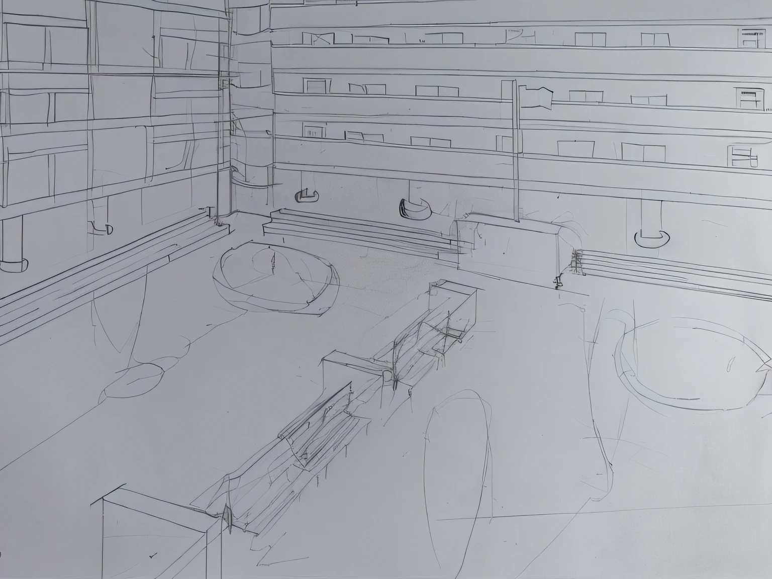 point perspective, concept sketches, architectural concepts, detailed but rough, court drawing, three point perspective