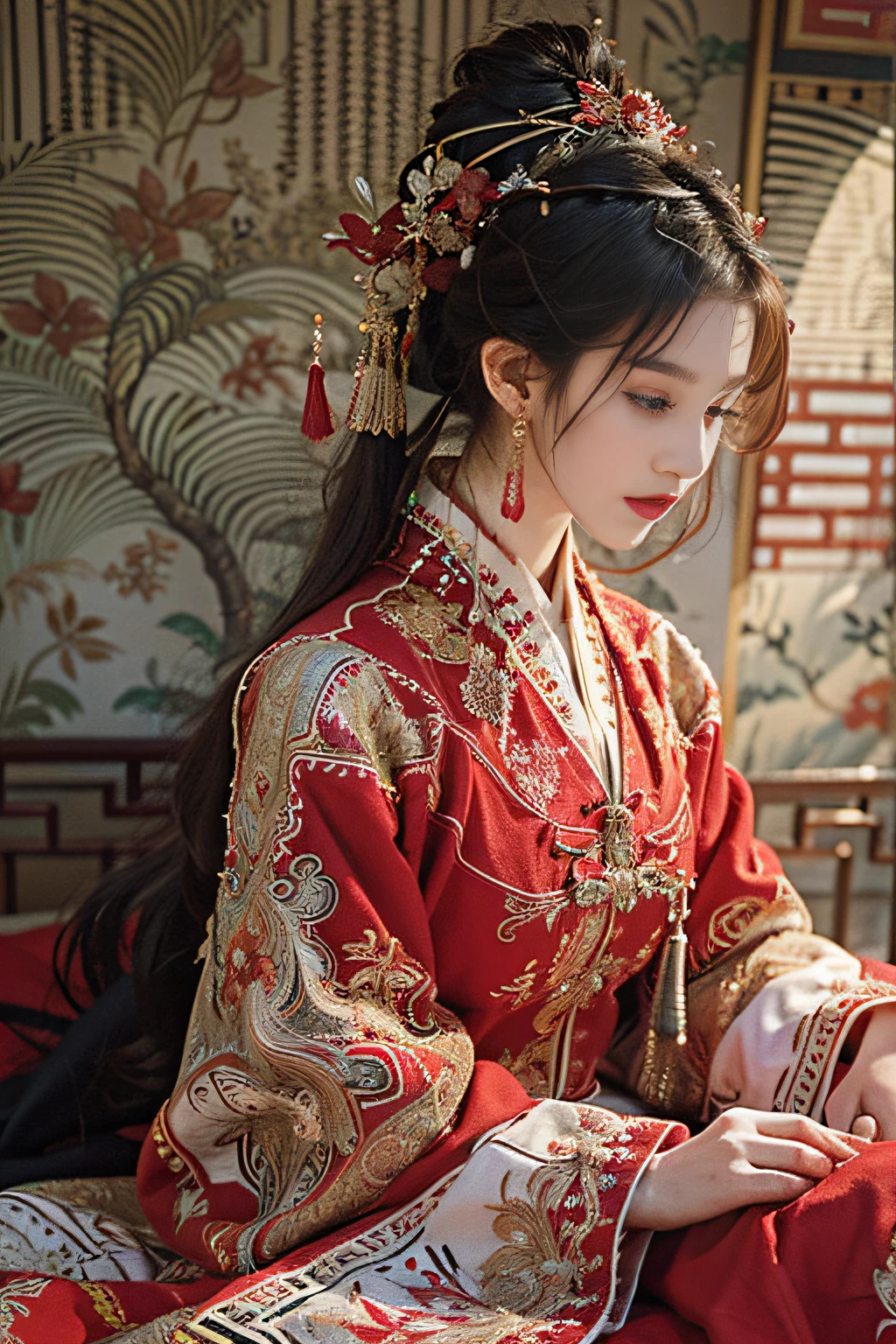 (ultra realistic 8k CG:1.2),perfect artwork,delicate pattern,intricate detail, (unparalleled masterpiece,best quality:1.2),(extremely intricate:1.2),a woman in a red and gold dress, Phoenix crown,hair stick,(sitting on red bed),Cosmetic,blush,shy,black_hair, looking down, Cosmetic,(forehead dot),(2 red candles), chinese_clothes, curtains, earrings, hair_ornament, hanfu, indoors, jewelry, red nails, long_sleeves, red dress, red lips, tassel, (Red quilt),(red palace:1.2),(ancient Chinese architecture),(red:1.8),night