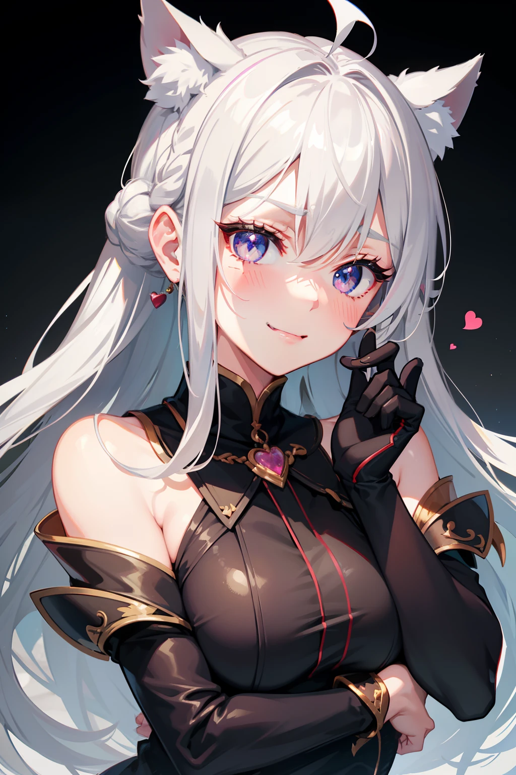 black hair, hair bobbles, wince, longeyelashes, solid circle eyes, fake animal ears, light smile, ear blush, fang, seductive smile, heart in eye, torogao, naughty face, yandere, disdain, evil smile, sparkling eyes, half-closed eye, elbow pads, grey hair, ahoge, braid, ear blush, heavy breathing, chin grab, light blush, excited, disdain, forced smile, Surrealism, drop shadow, anaglyph, stereogram, tachi-e, pov, atmospheric perspective, first-person view, super detail, ccurate, best quality, 16k